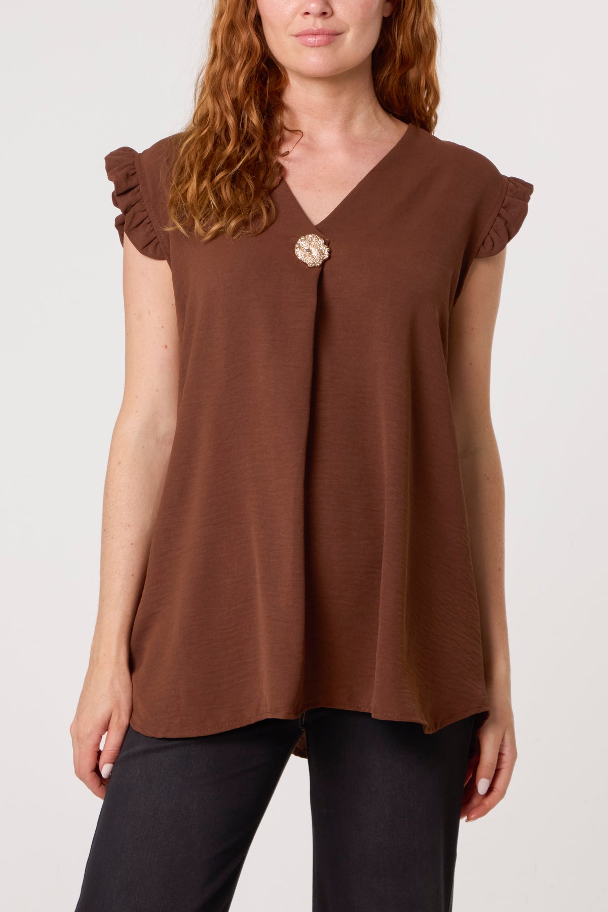 Frill Sleeve Front Button V-Neck Top
