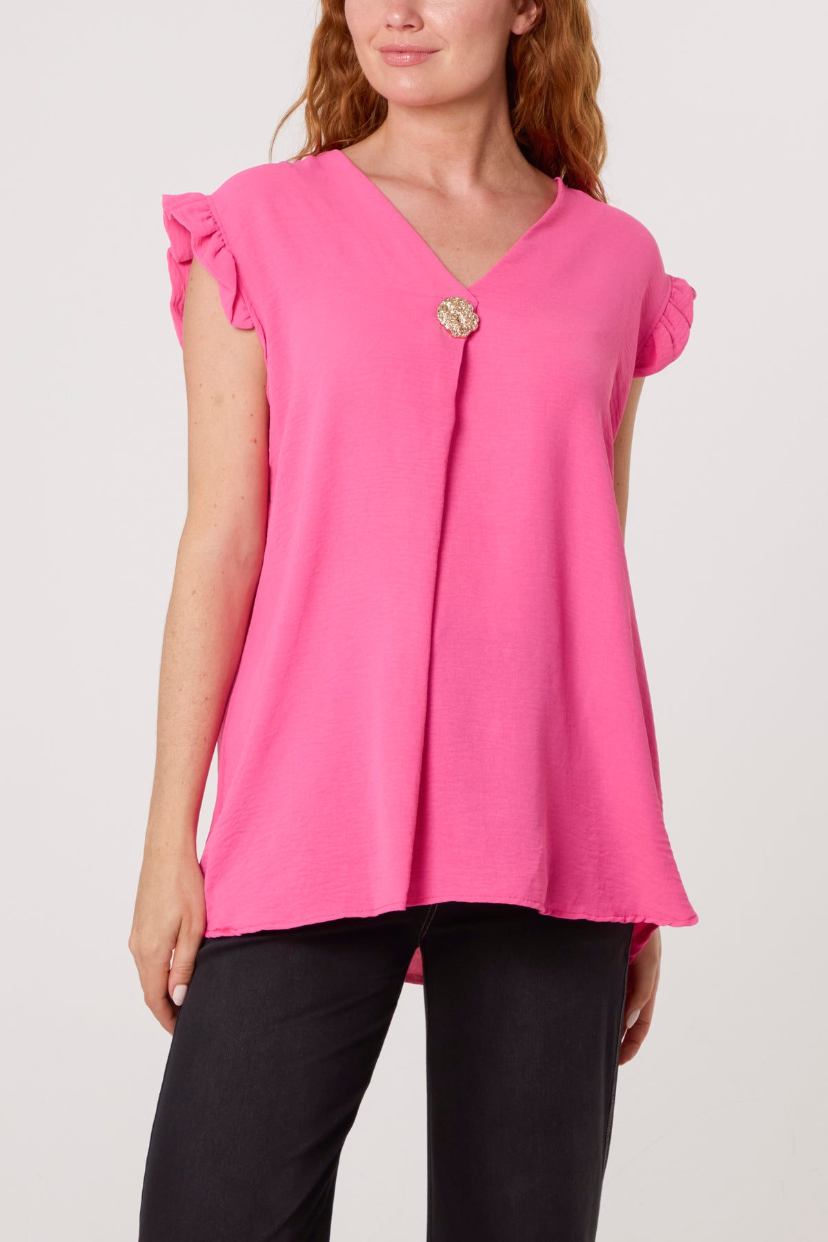 Frill Sleeve Front Button V-Neck Top