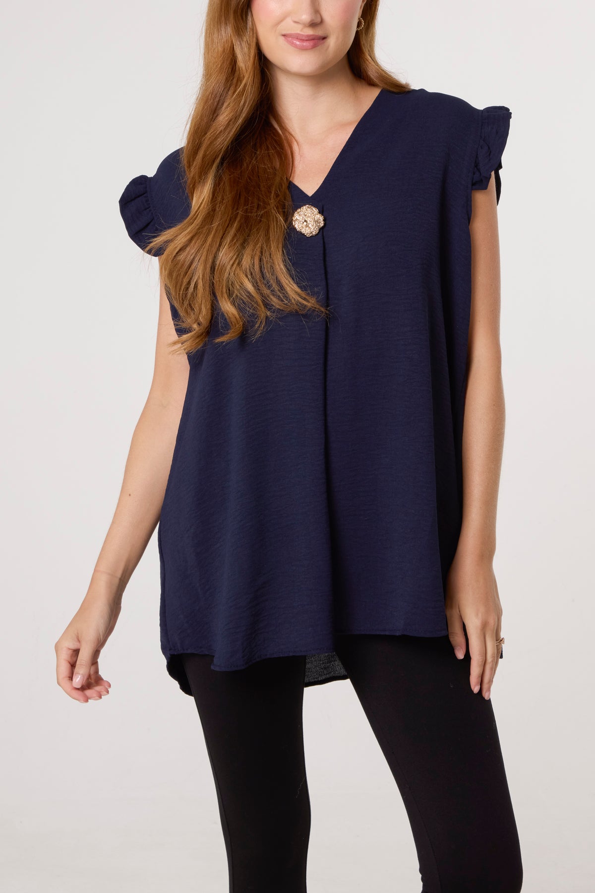 Frill Sleeve Front Button V-Neck Top