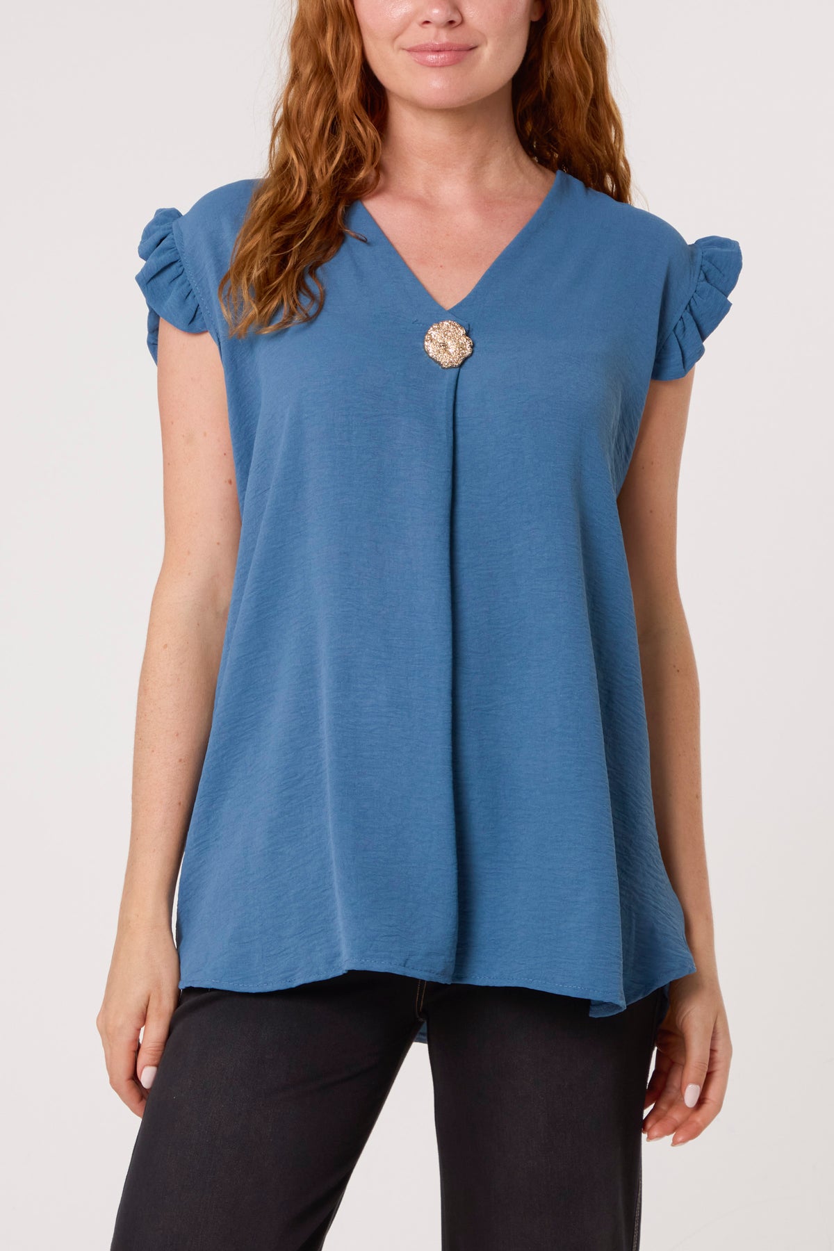 Frill Sleeve Front Button V-Neck Top