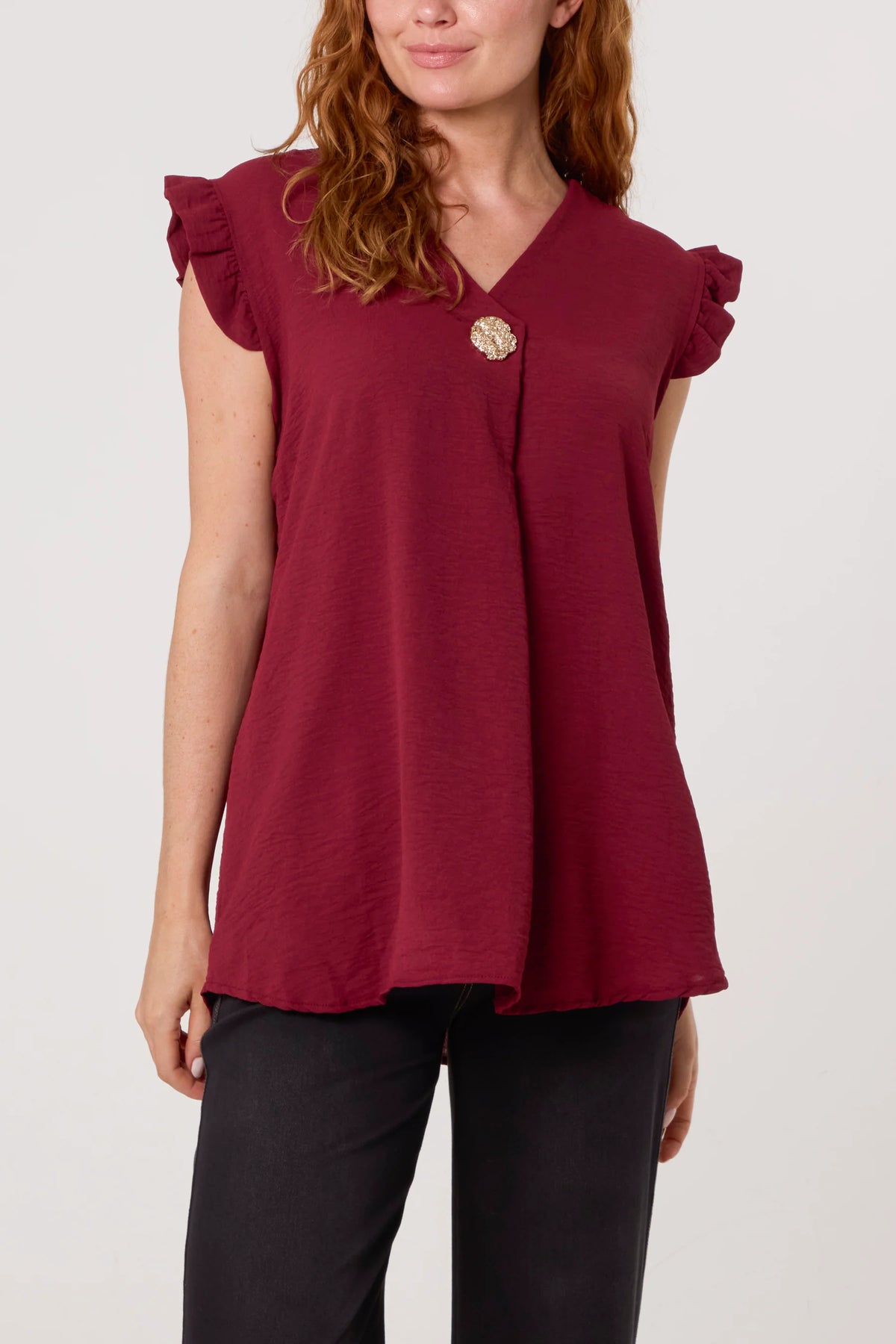 Frill Sleeve Front Button V-Neck Top