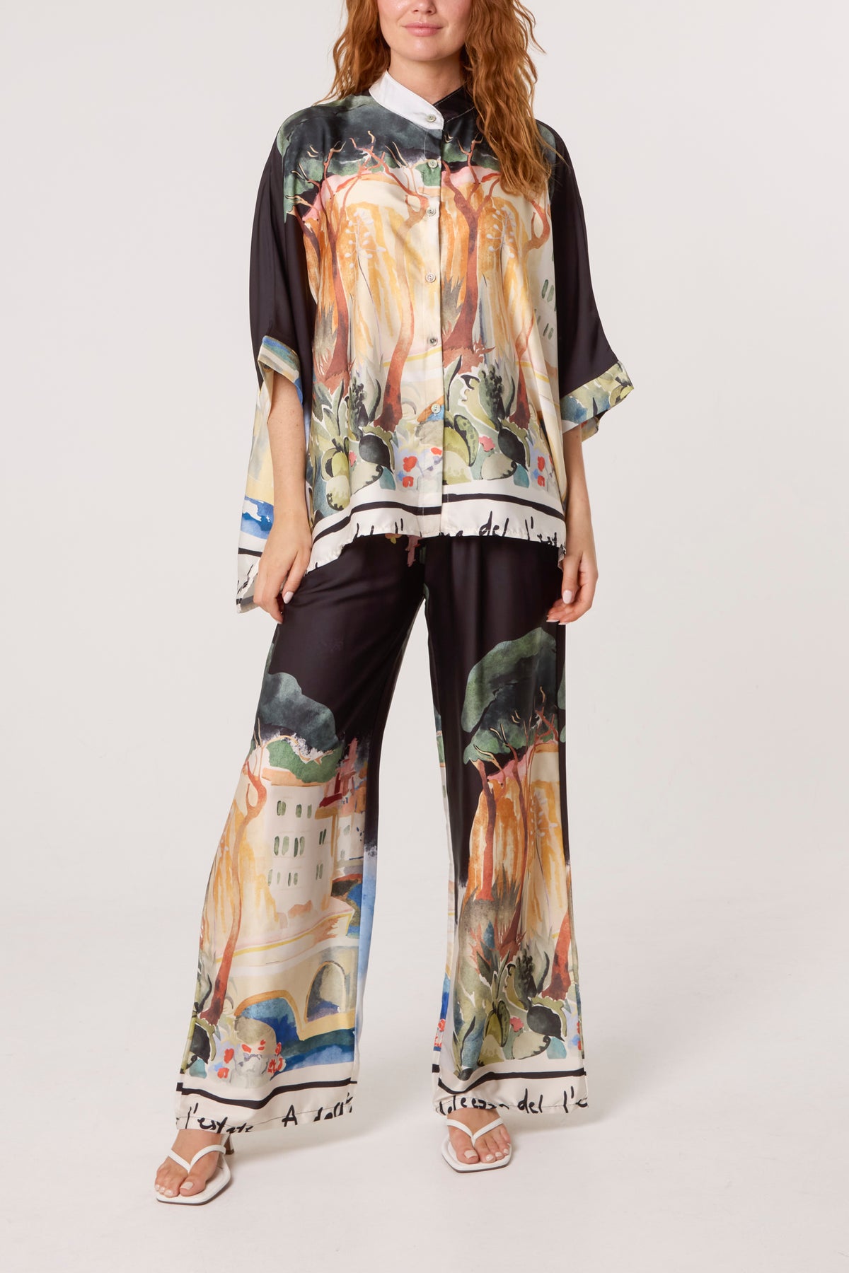 Landscape Print Two Piece Satin Set
