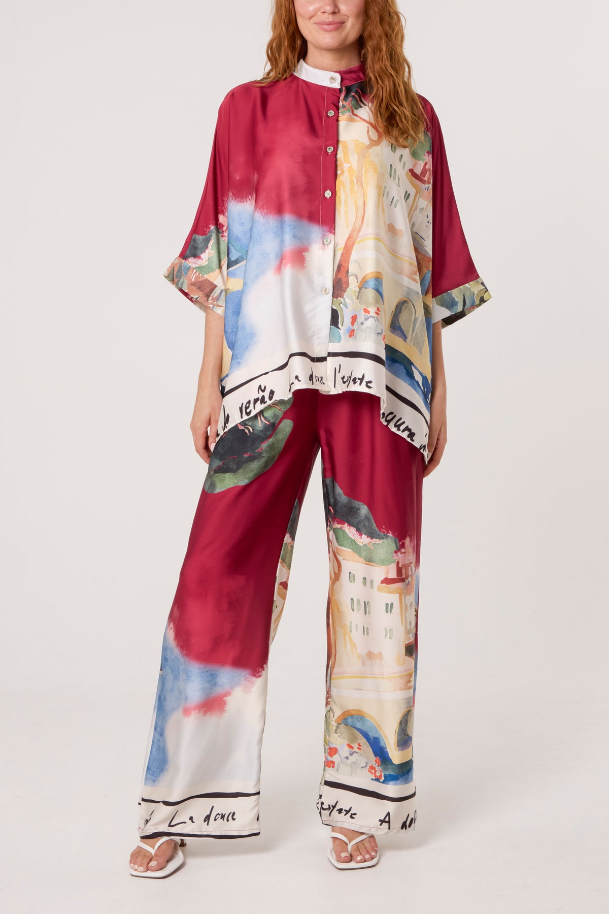 Landscape Print Two Piece Satin Set