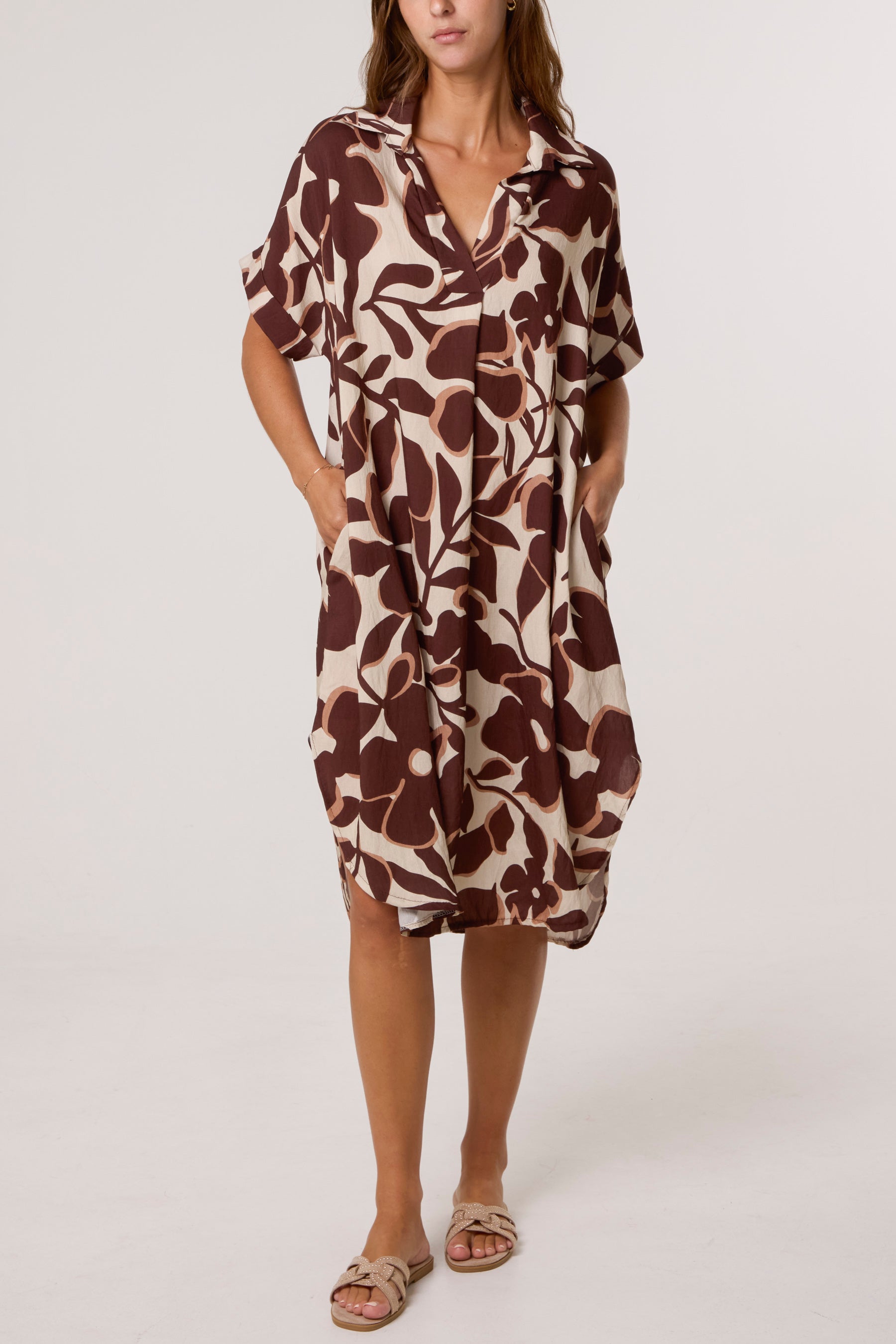 Leaf Print Collar Midi Dress