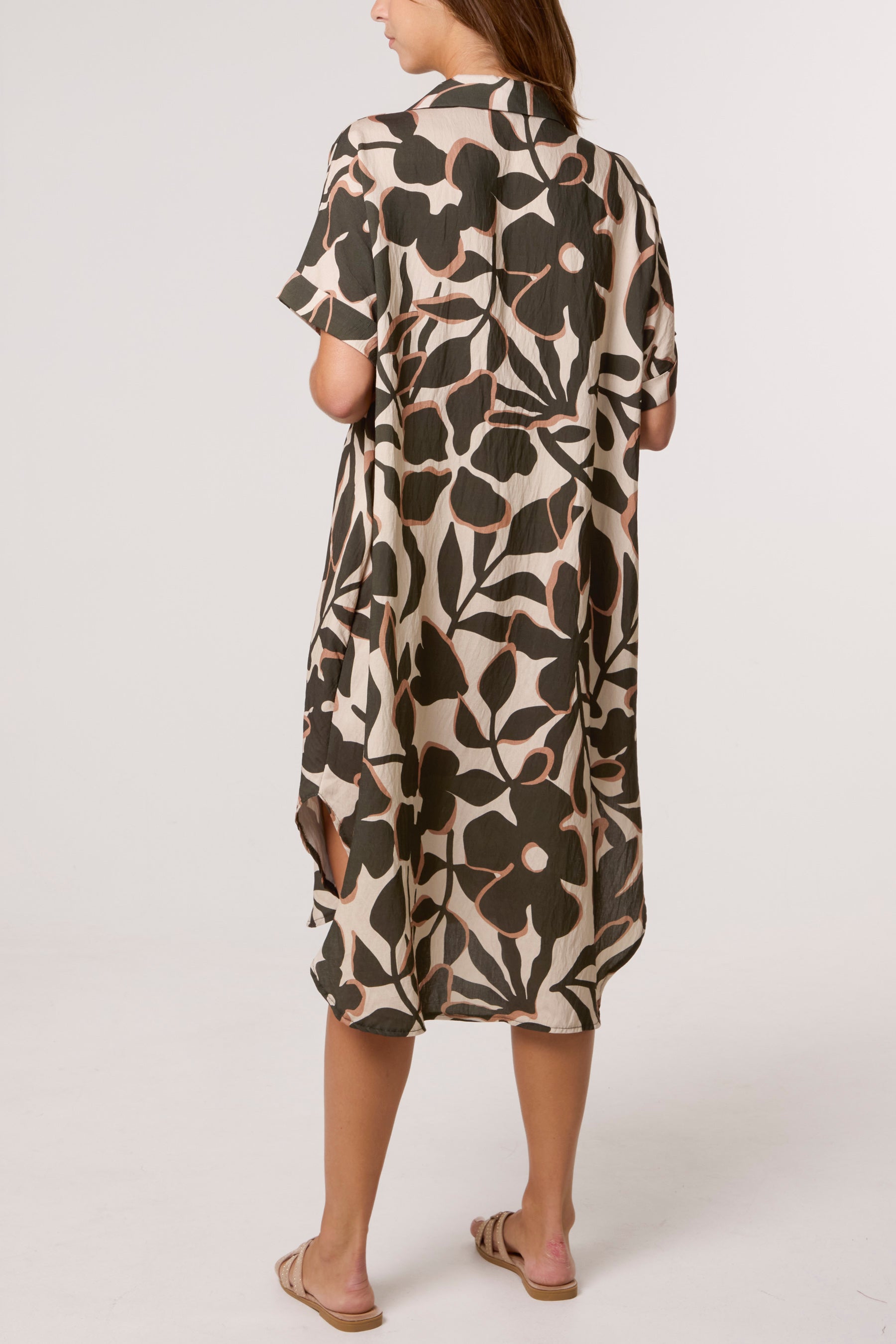 Leaf Print Collar Midi Dress