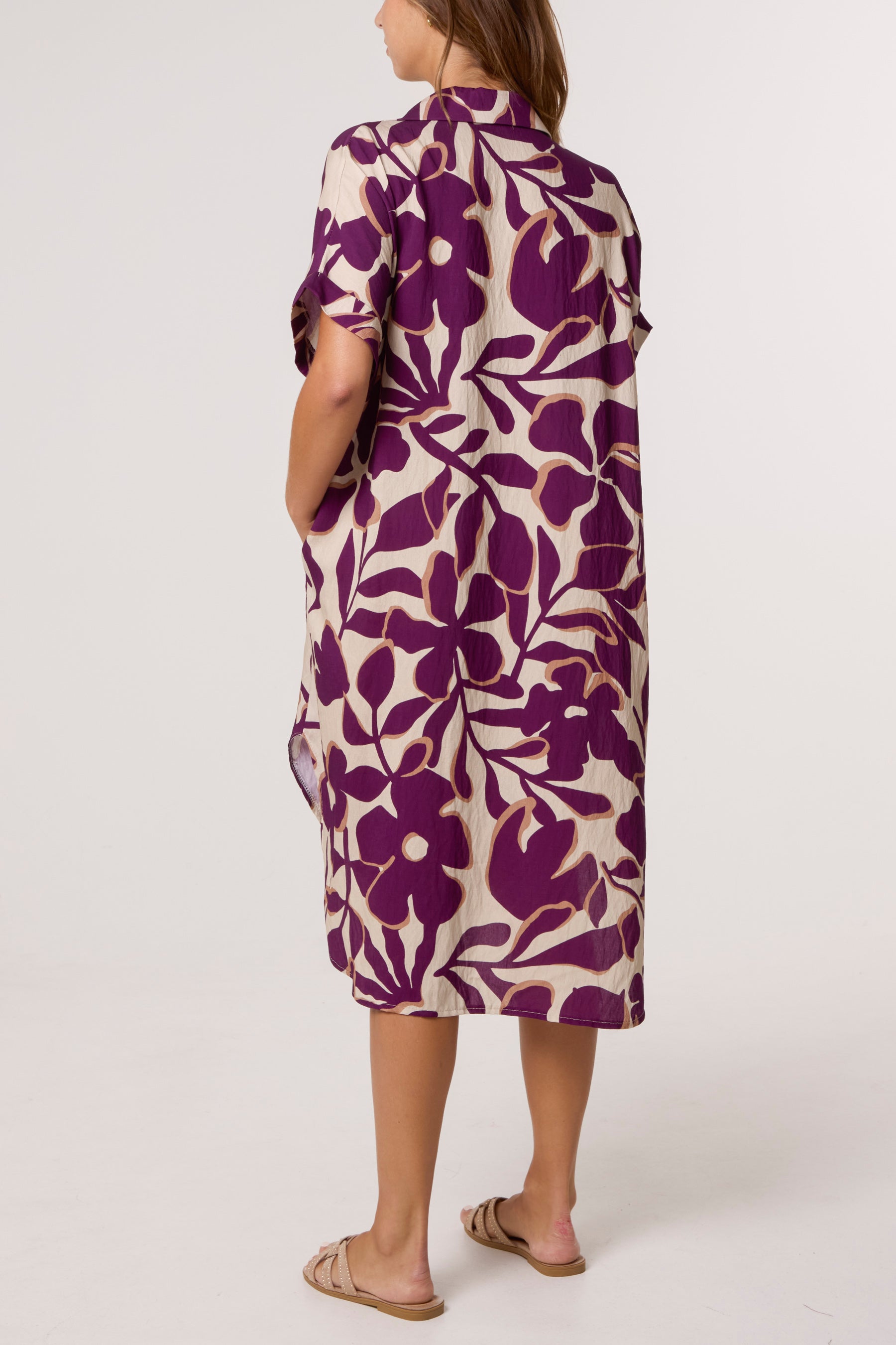 Leaf Print Collar Midi Dress