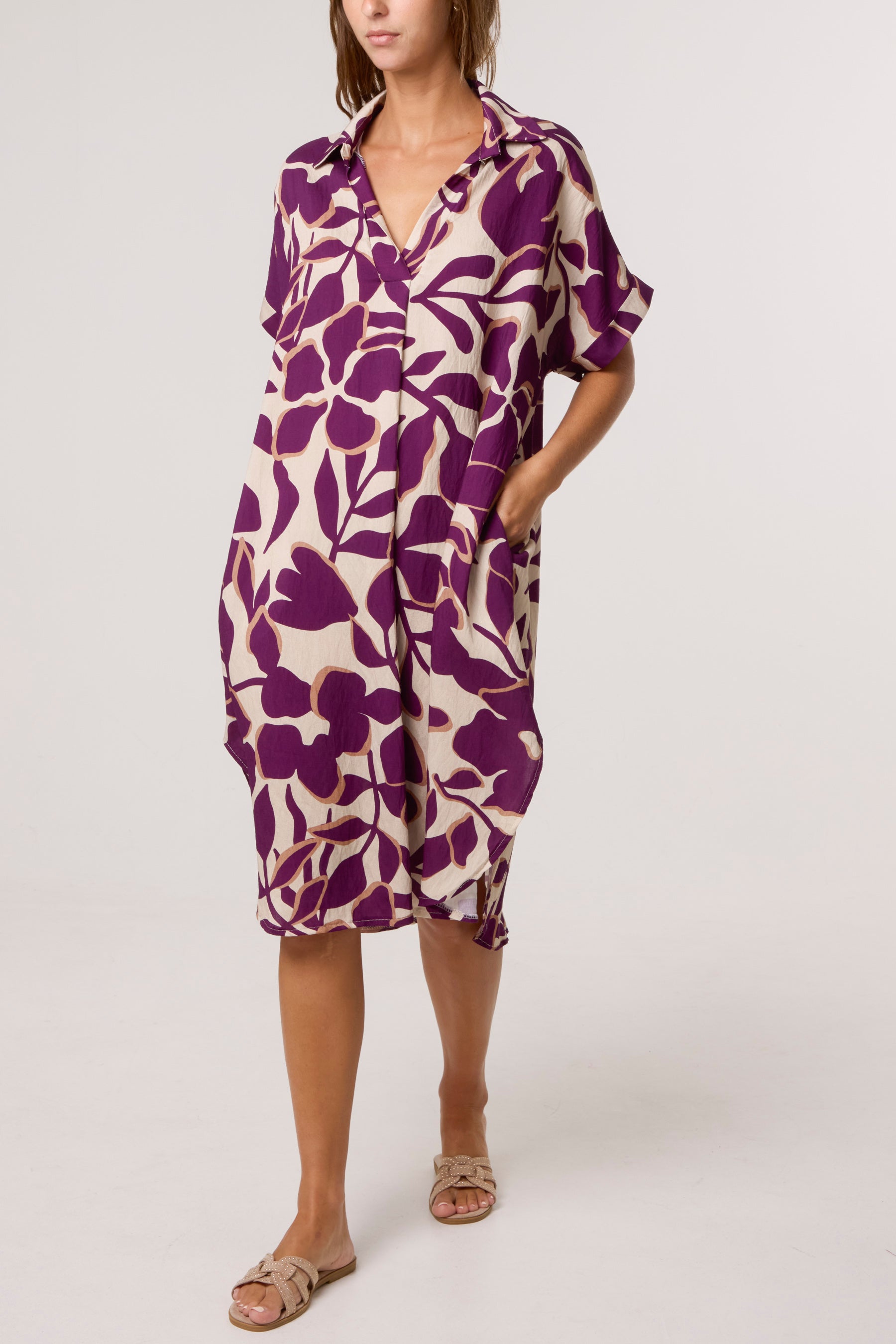 Leaf Print Collar Midi Dress