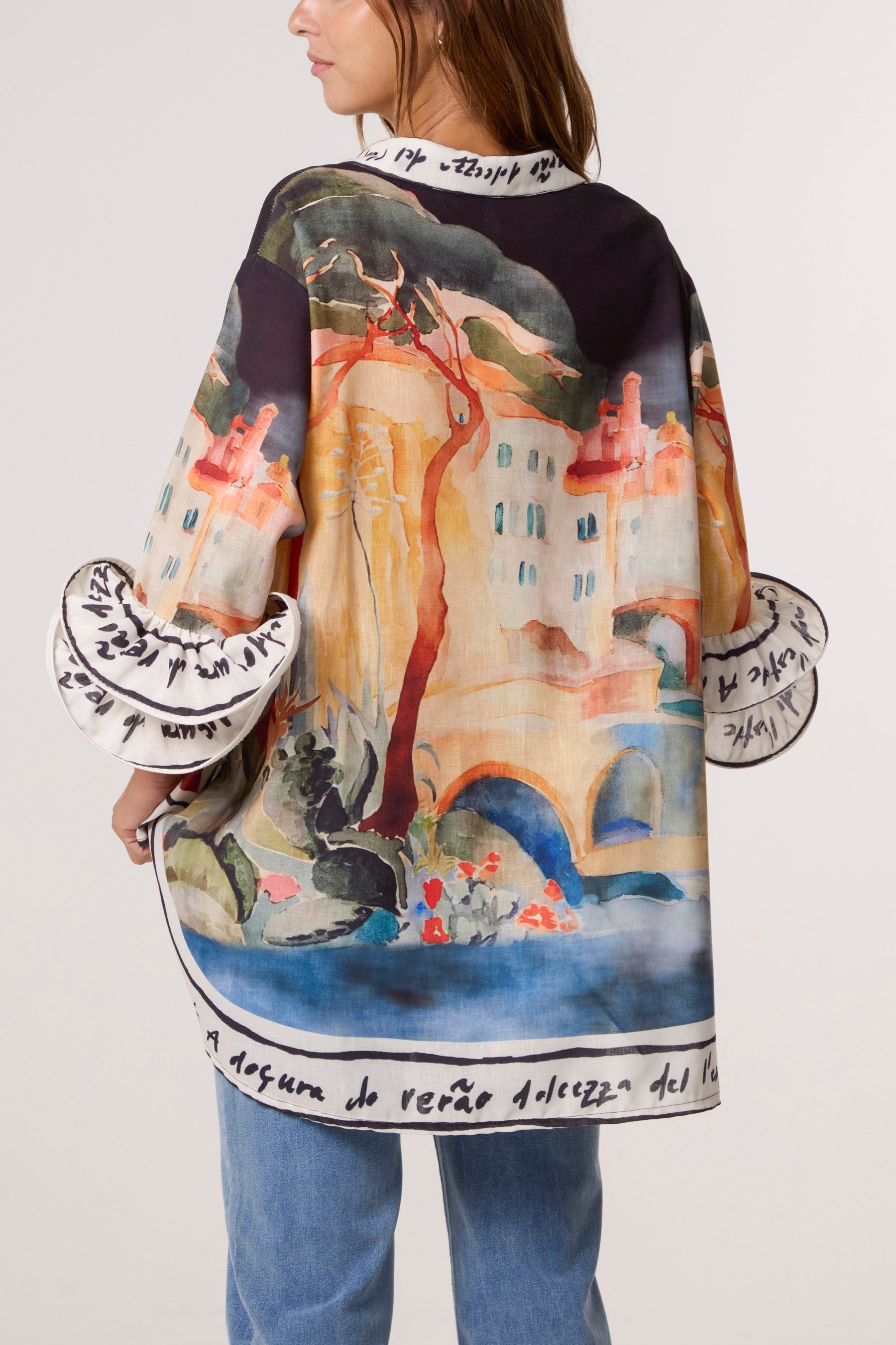 Landscape Print Frill Sleeve Shirt