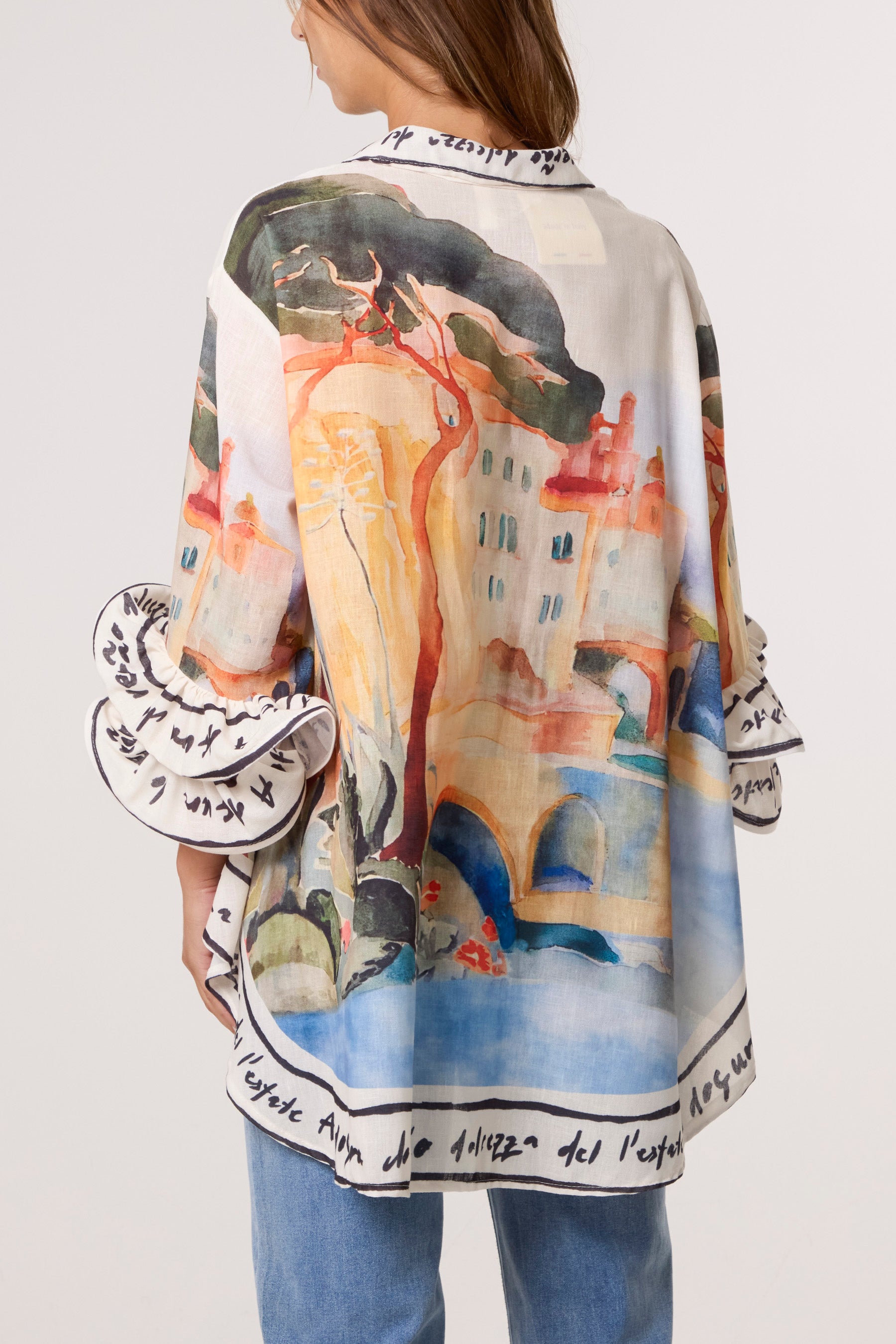 Landscape Print Frill Sleeve Shirt
