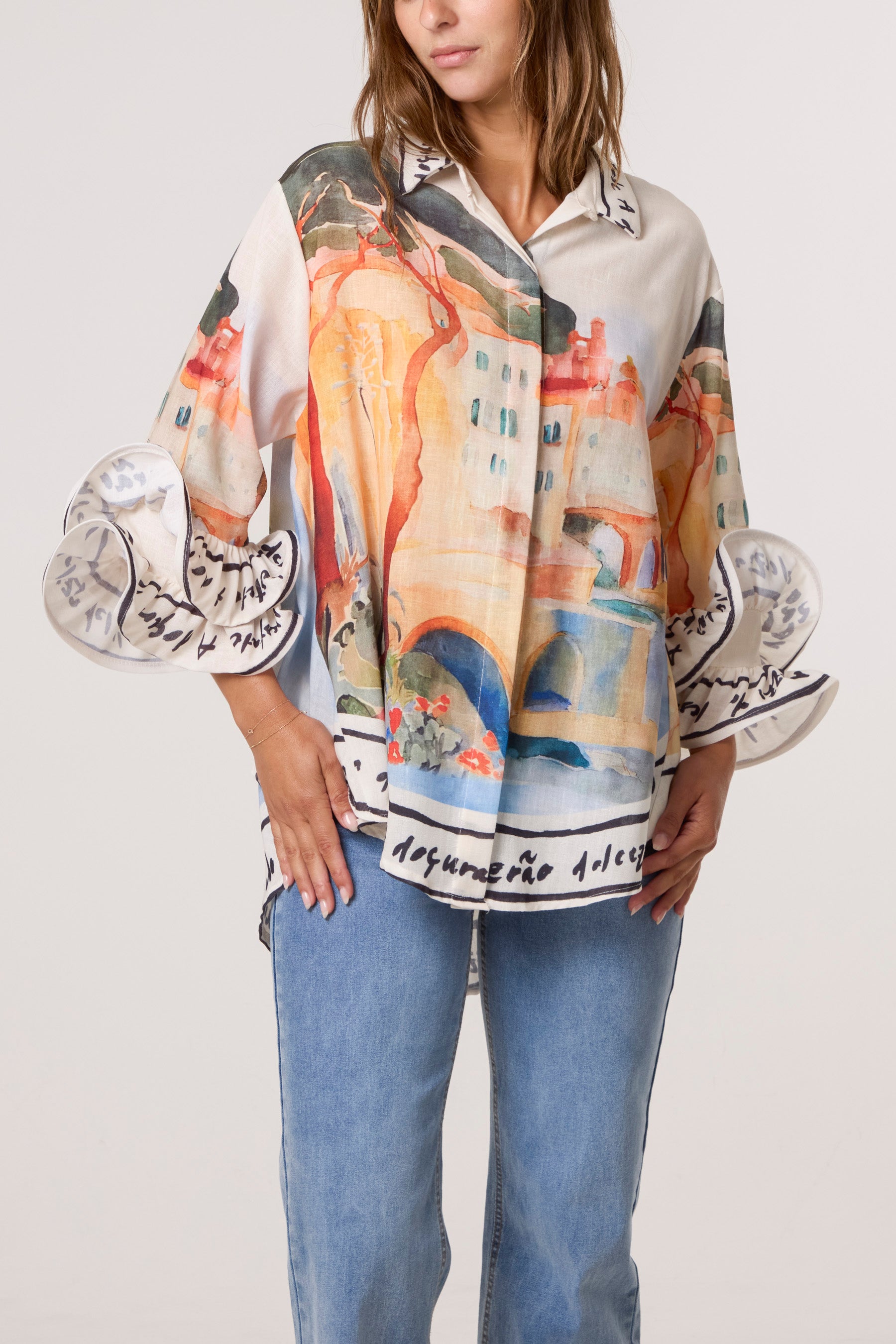 Landscape Print Frill Sleeve Shirt