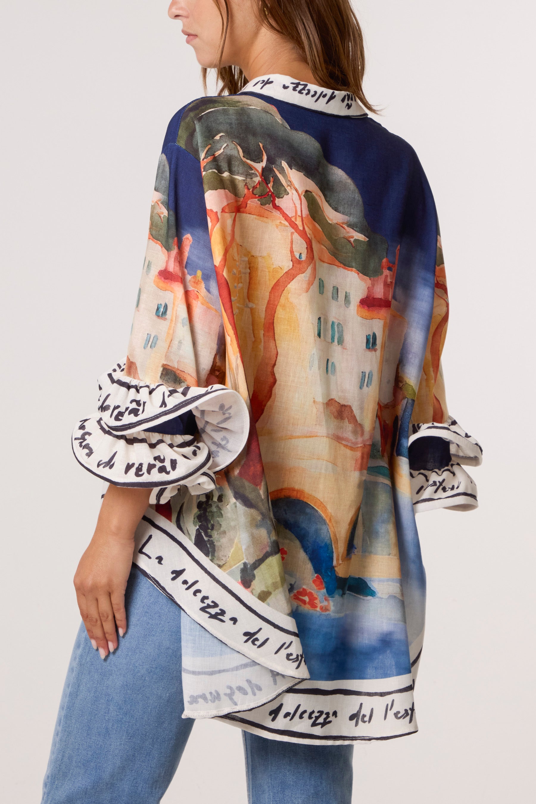 Landscape Print Frill Sleeve Shirt