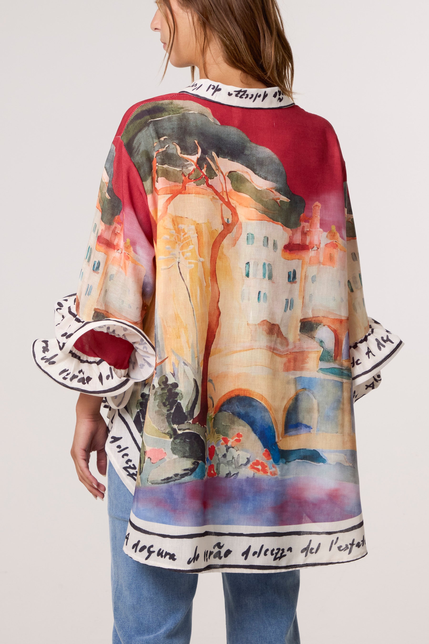 Landscape Print Frill Sleeve Shirt