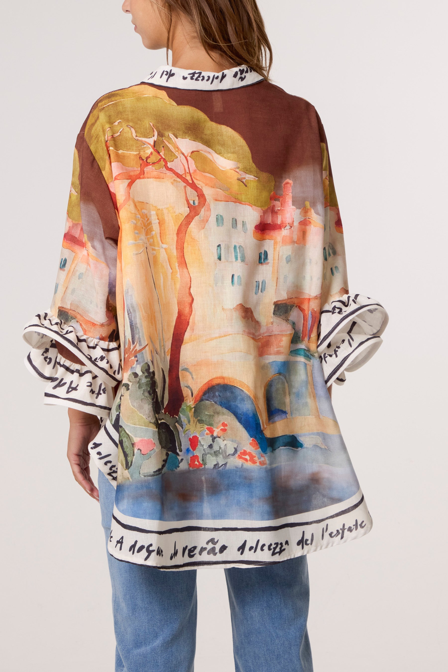 Landscape Print Frill Sleeve Shirt