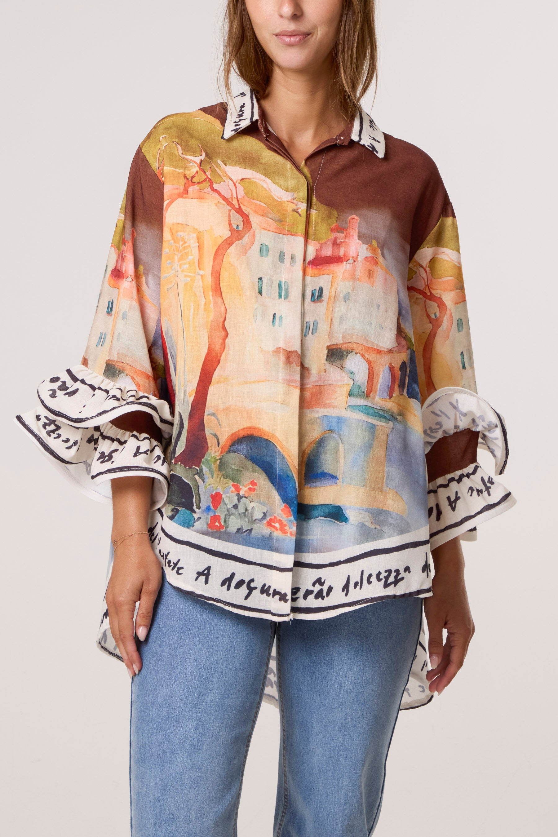 Landscape Print Frill Sleeve Shirt