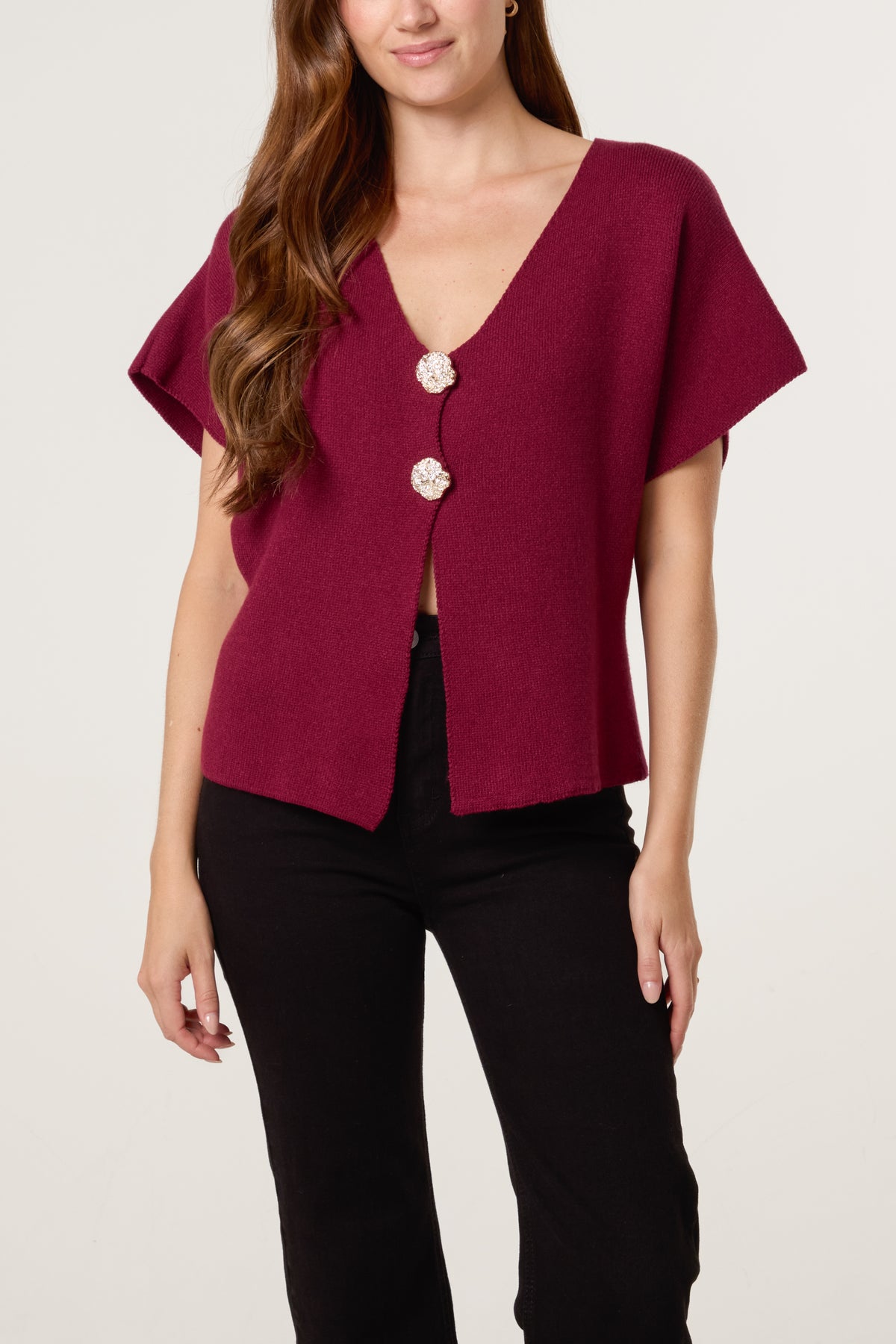 Gold Button V-Neck Knit Cardigan