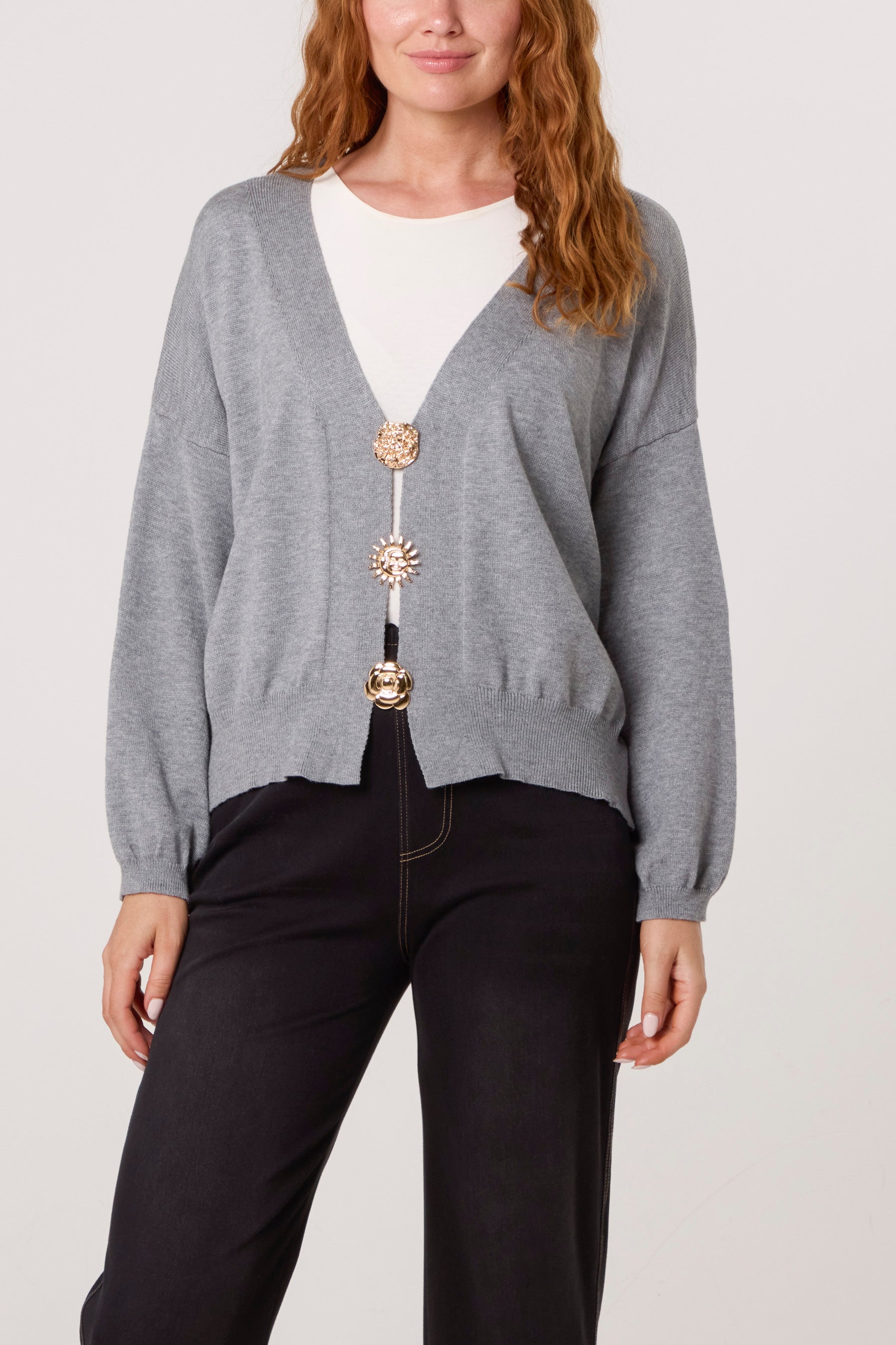 Gold Broch Puffball Sleeve Cardigan