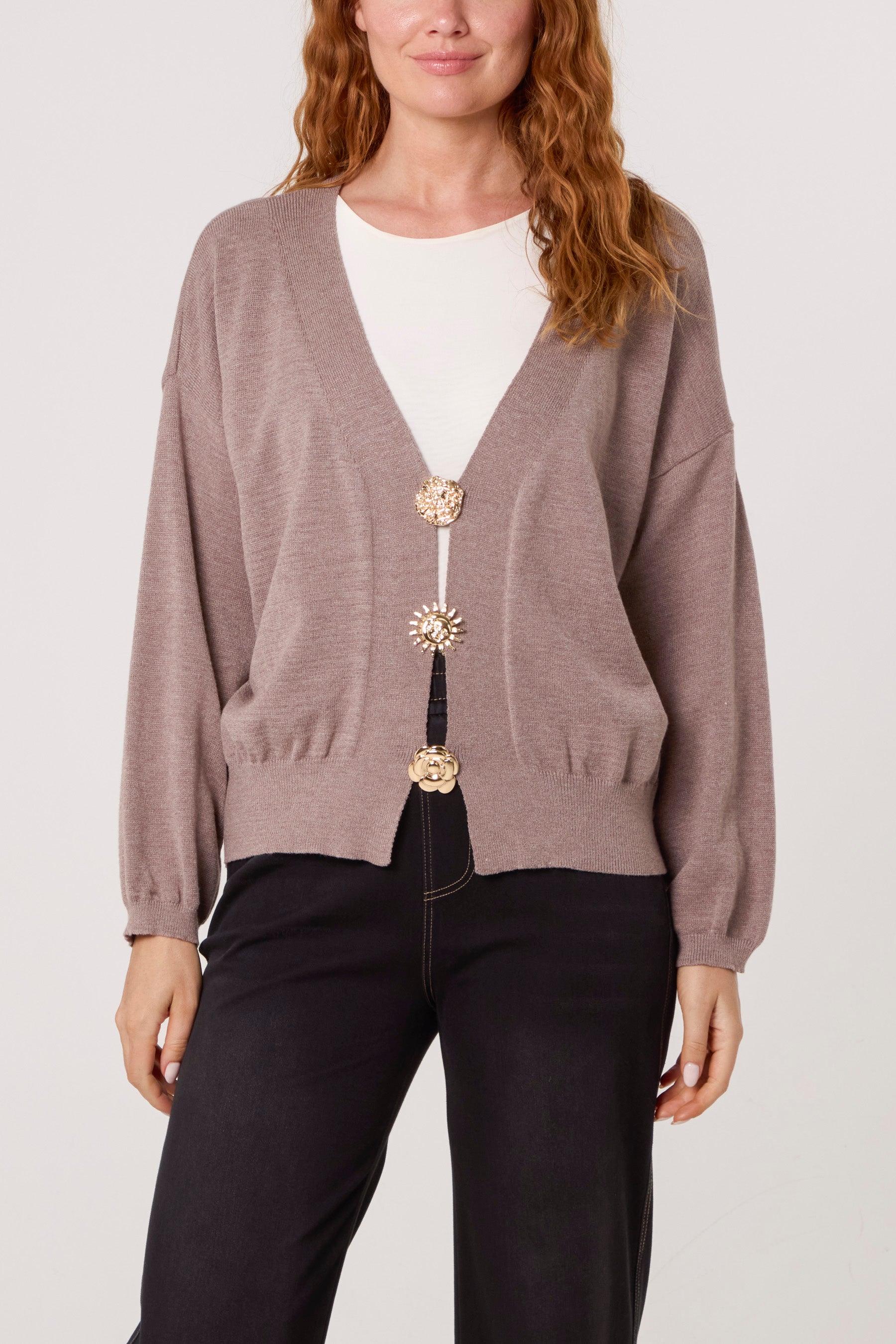 Gold Broch Puffball Sleeve Cardigan