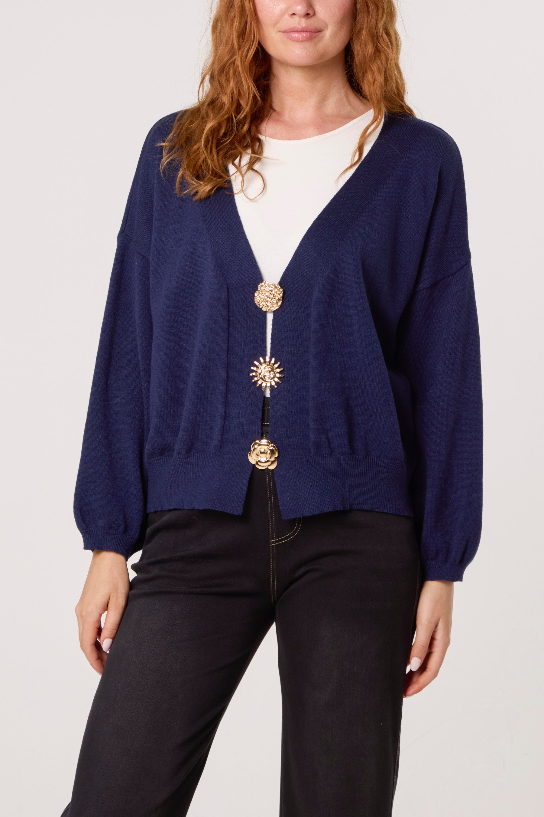 Gold Broch Puffball Sleeve Cardigan