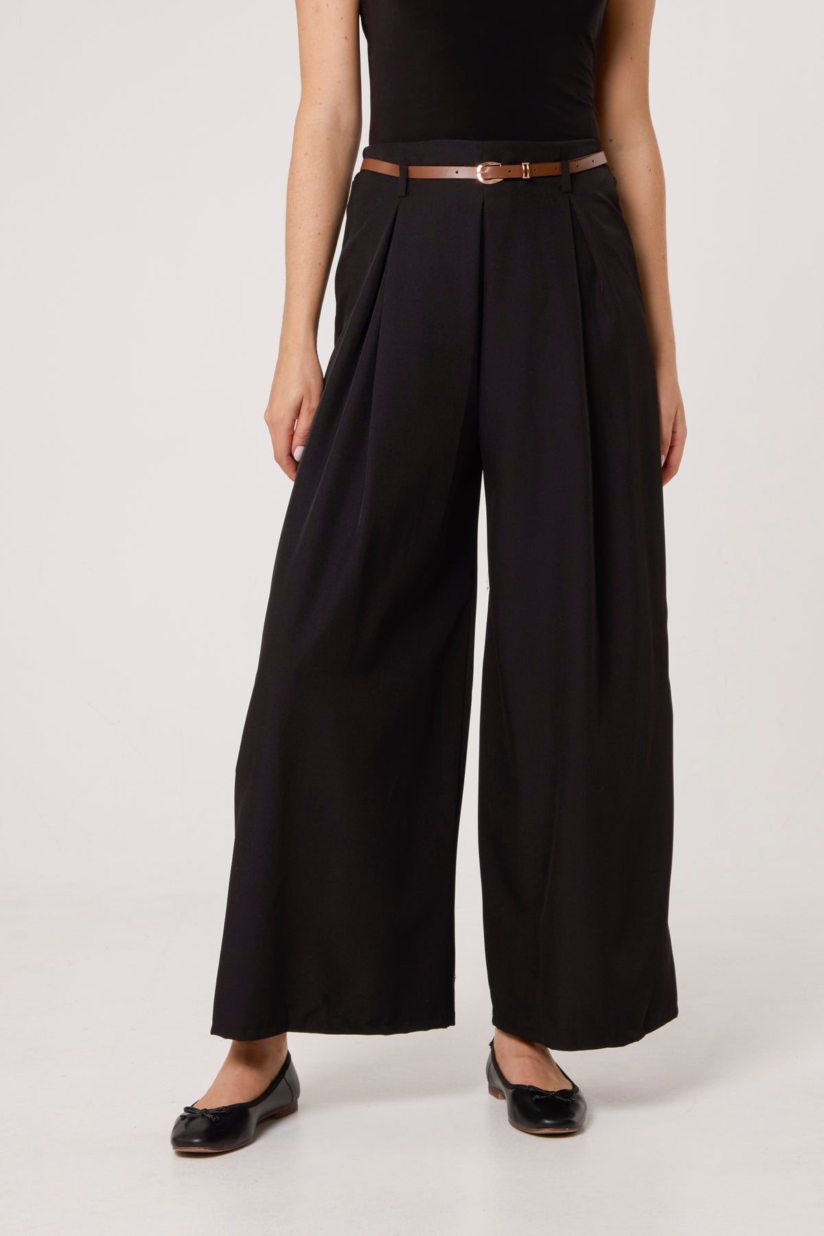 Pleated Front Belted Palazzo Trousers