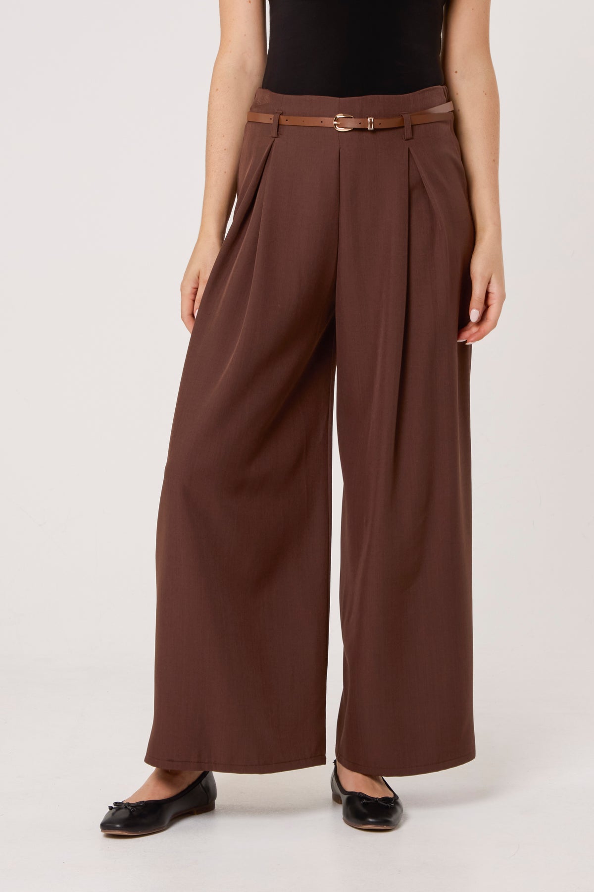 Pleated Front Belted Palazzo Trousers
