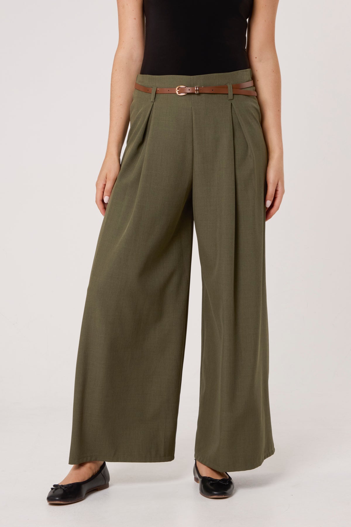 Pleated Front Belted Palazzo Trousers