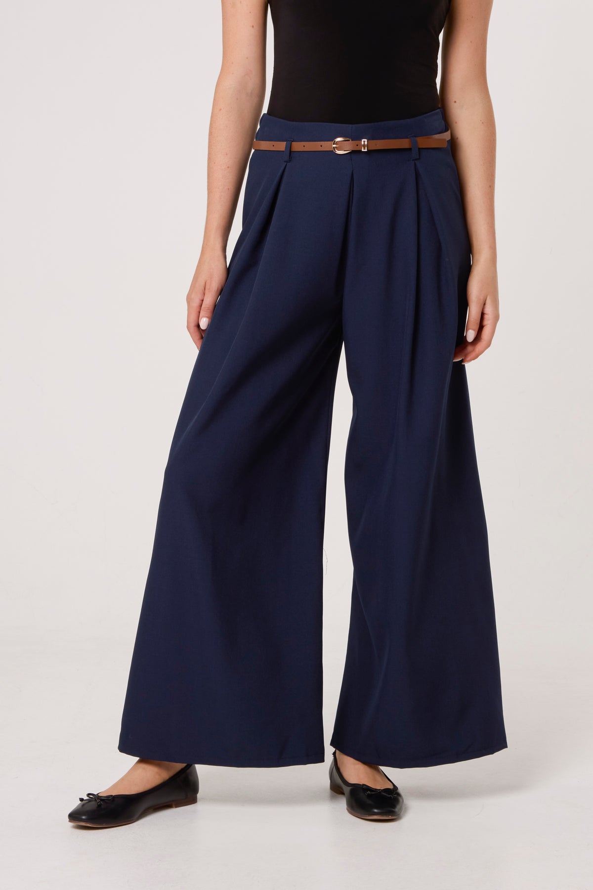 Pleated Front Belted Palazzo Trousers