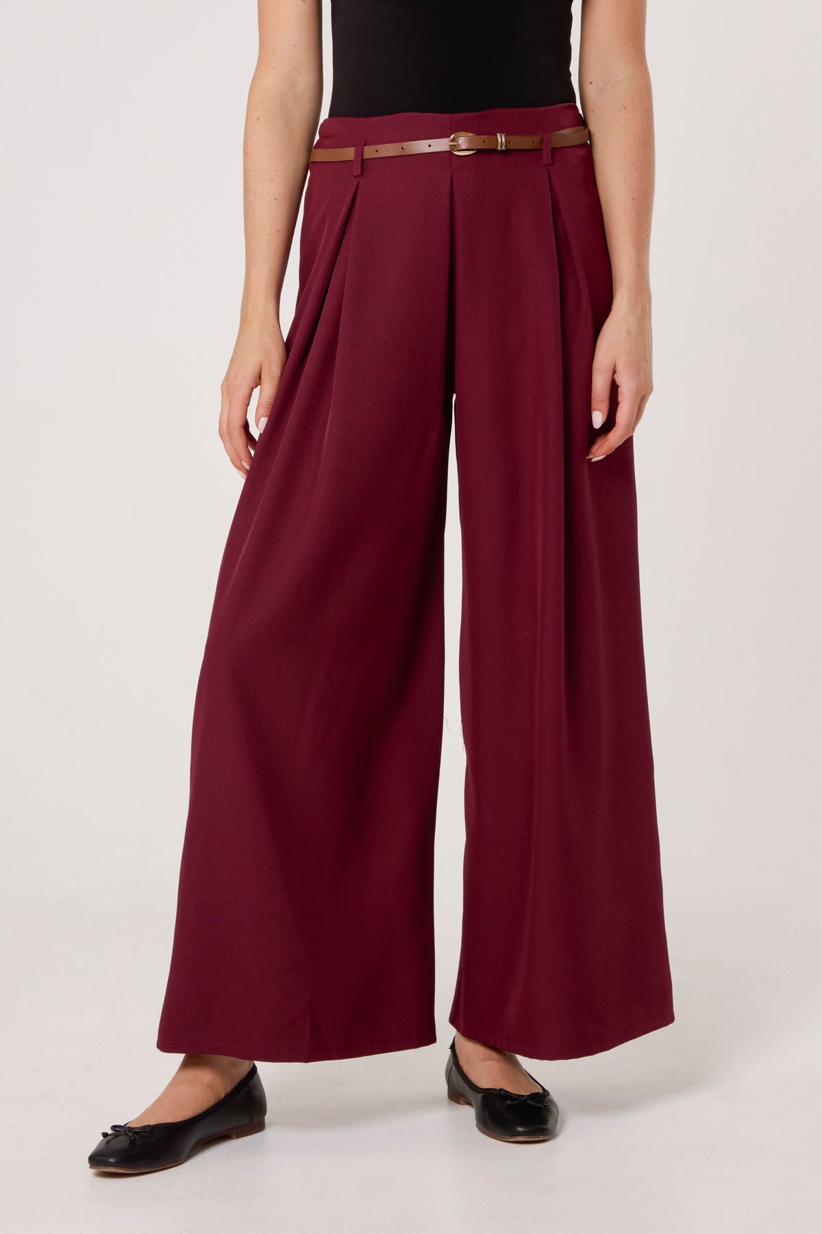 Pleated Front Belted Palazzo Trousers