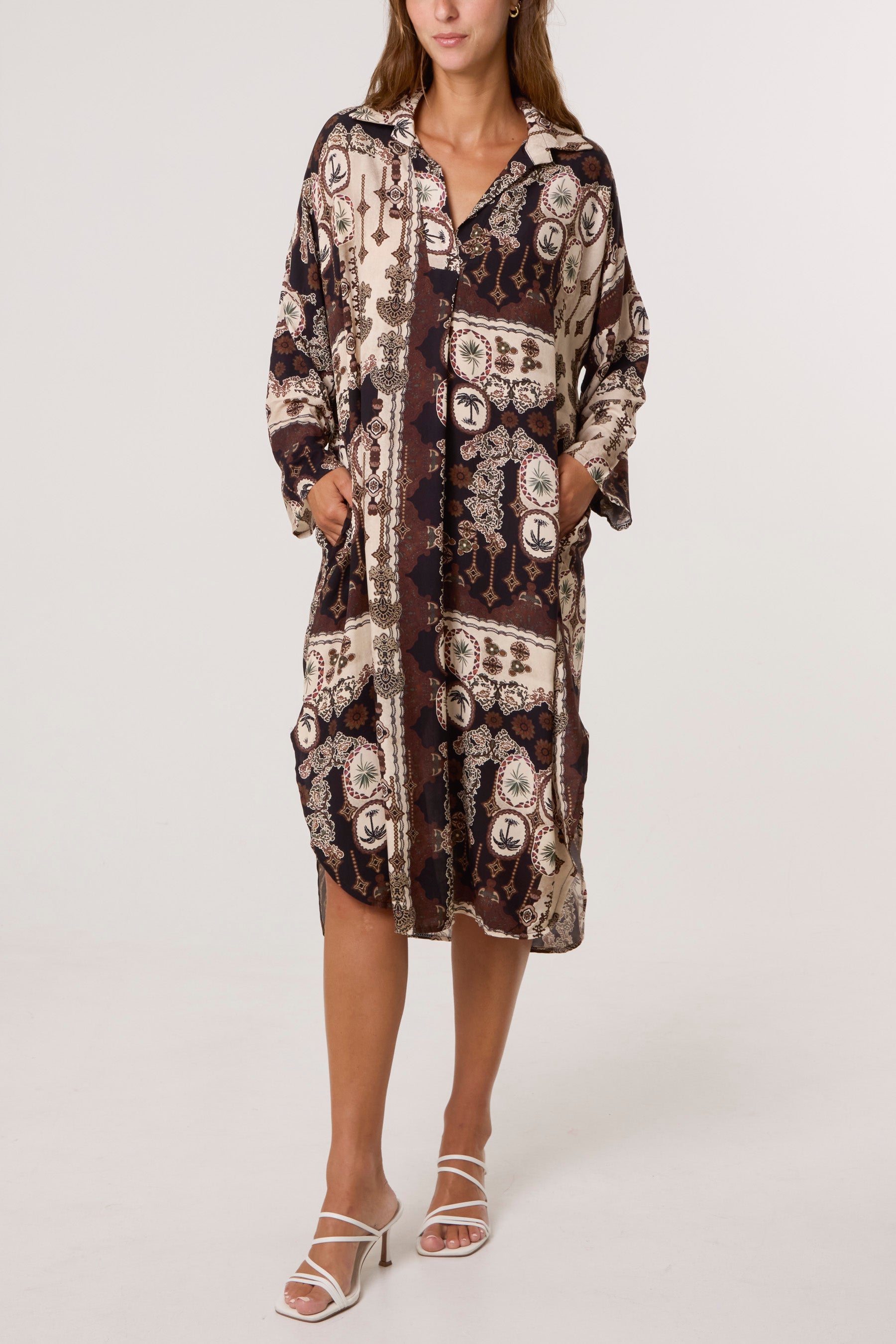 Patchwork Collar Pockets Midi Dress
