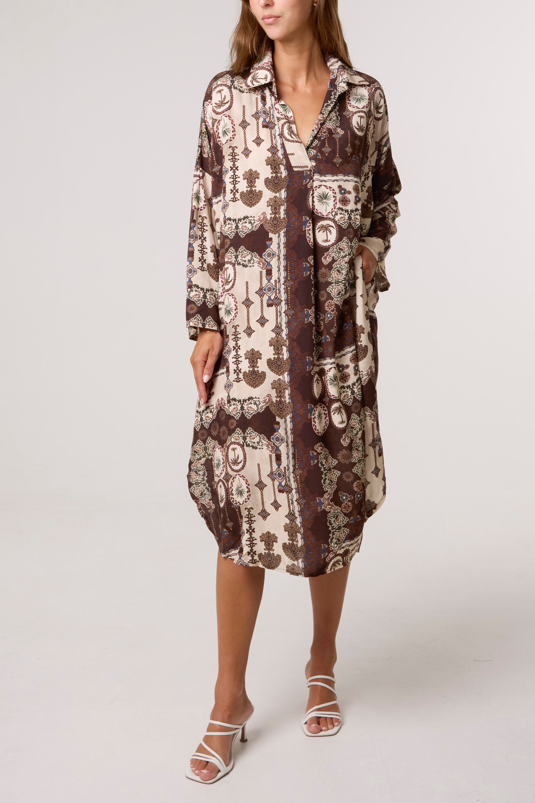 Patchwork Collar Pockets Midi Dress