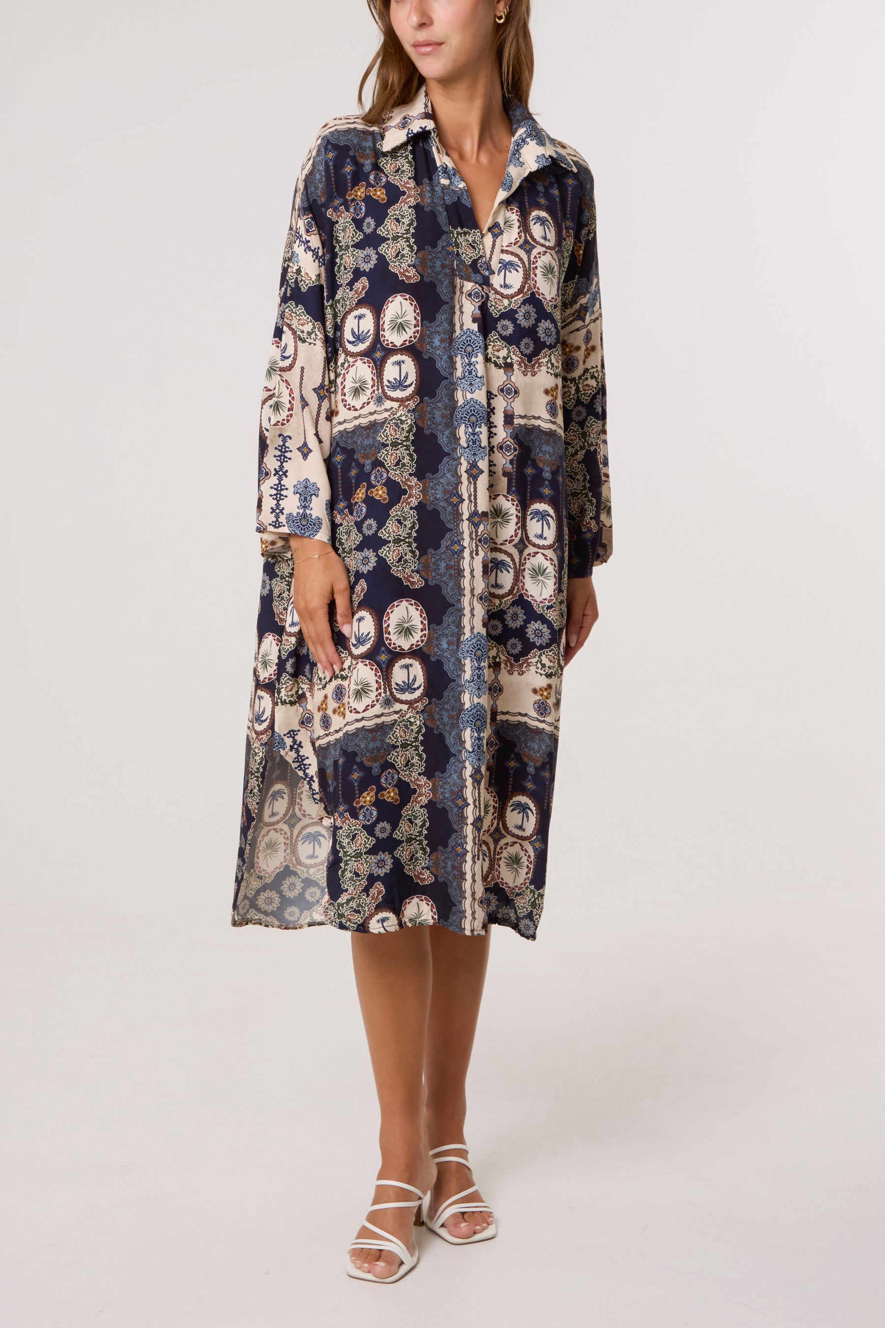 Patchwork Collar Pockets Midi Dress