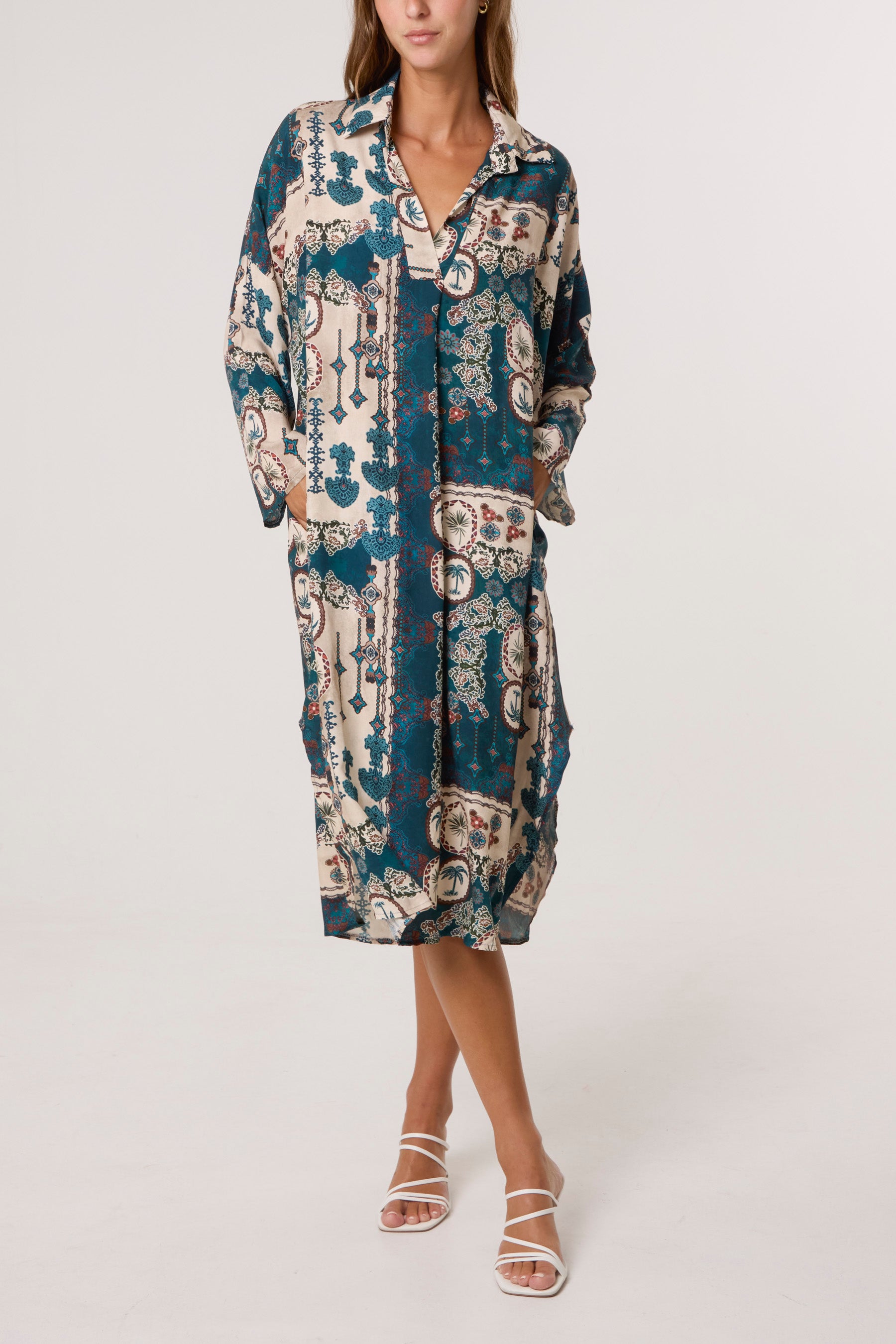 Patchwork Collar Pockets Midi Dress