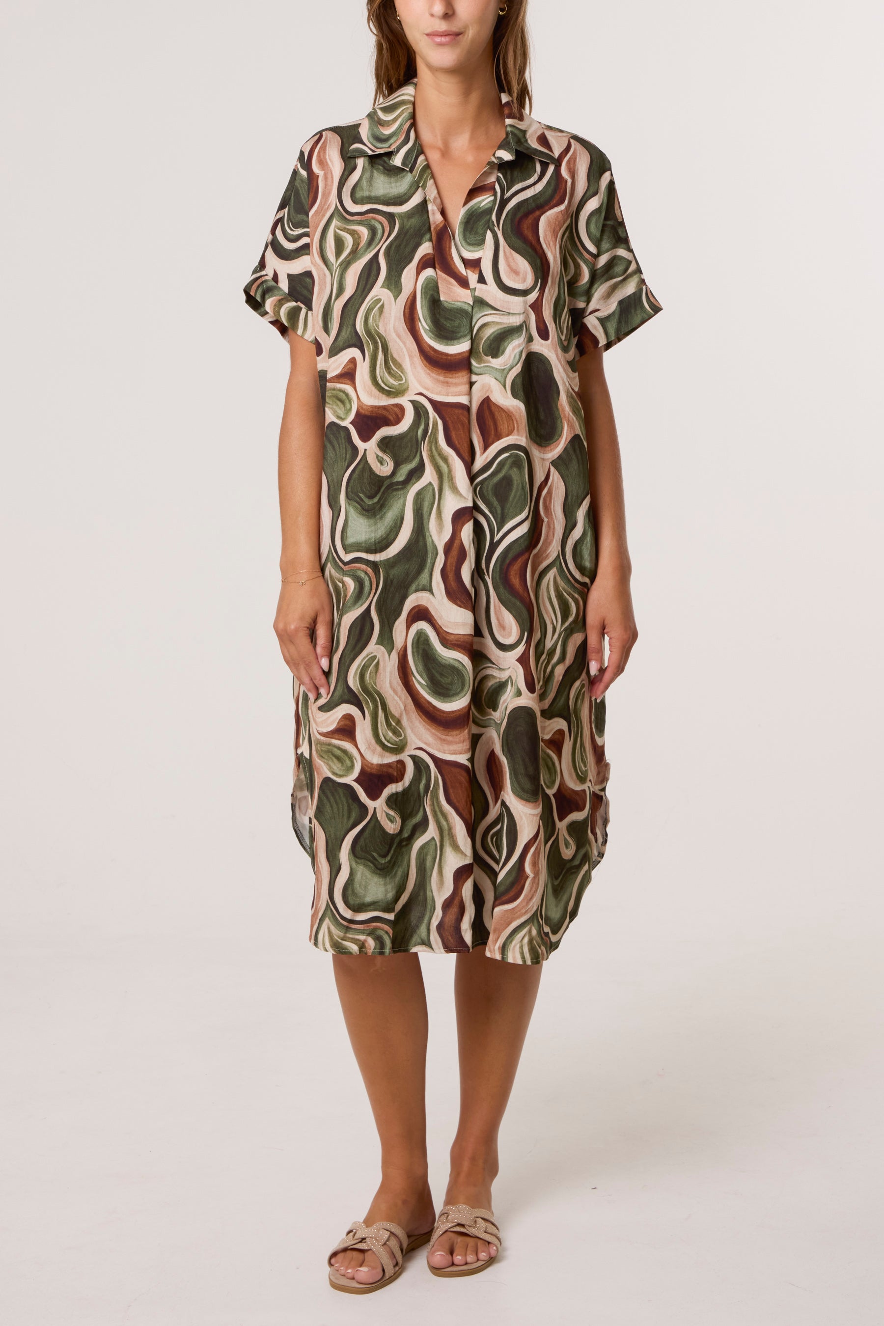Swirl Collar Pockets Midi Dress