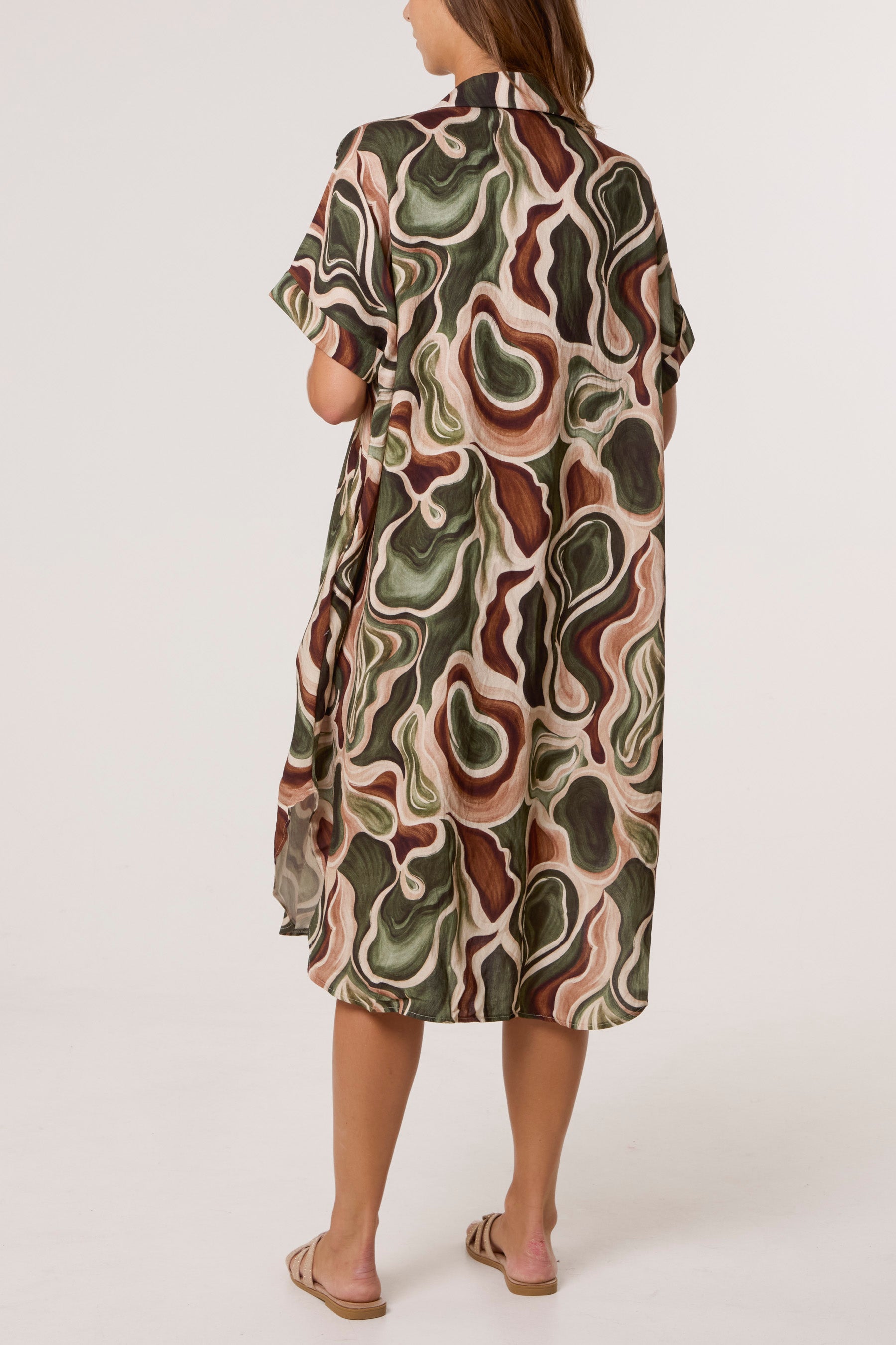 Swirl Collar Pockets Midi Dress