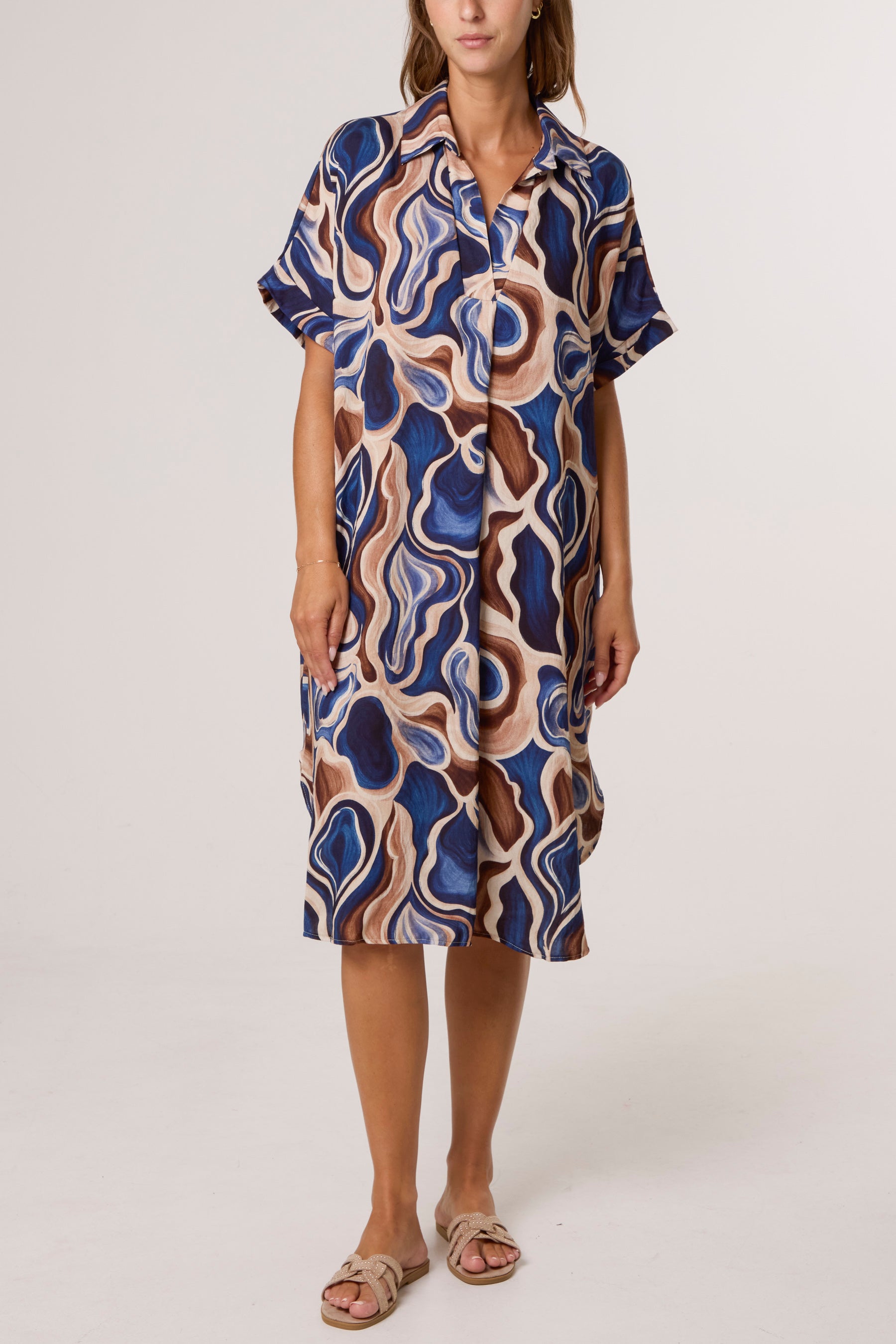 Swirl Collar Pockets Midi Dress