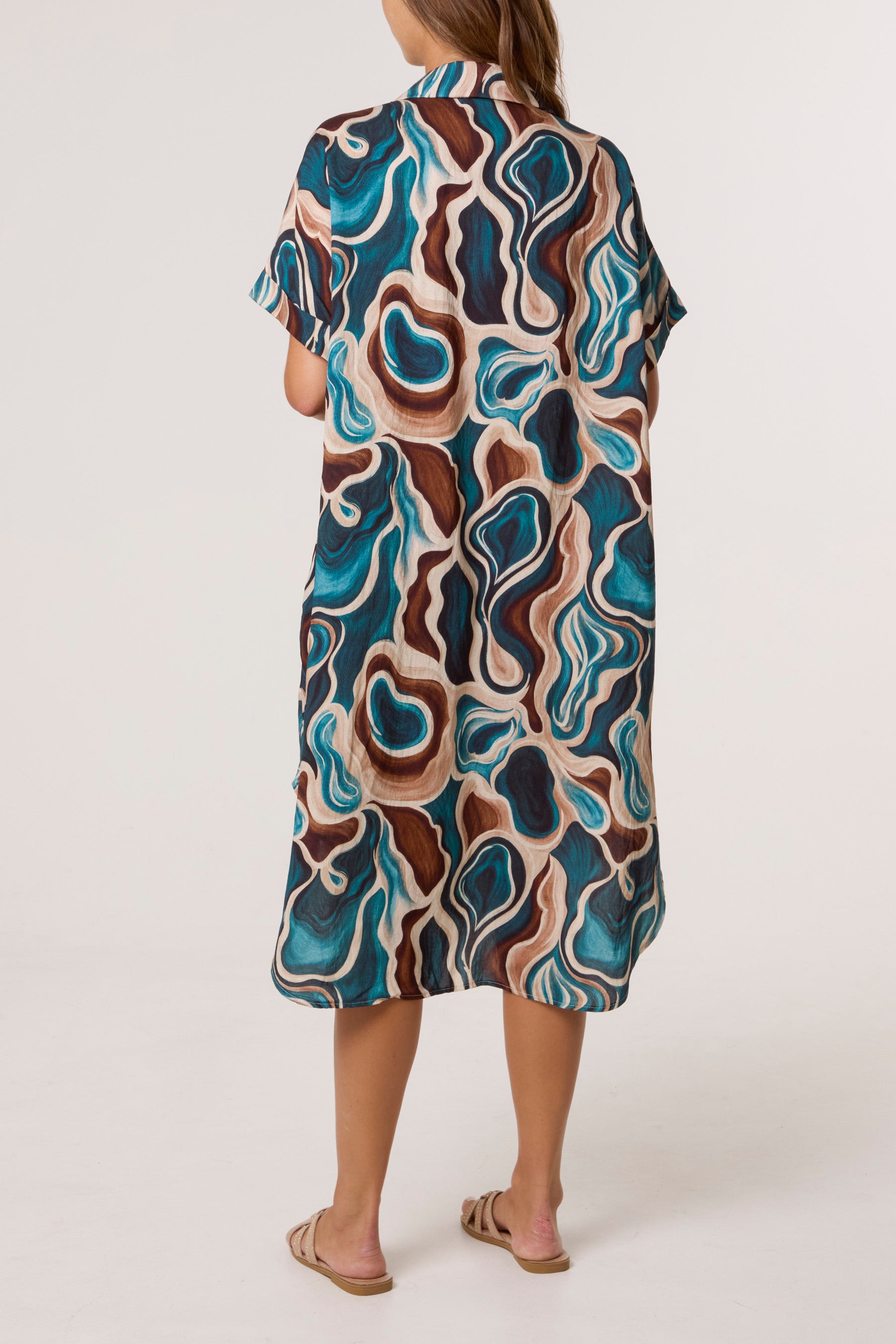 Swirl Collar Pockets Midi Dress