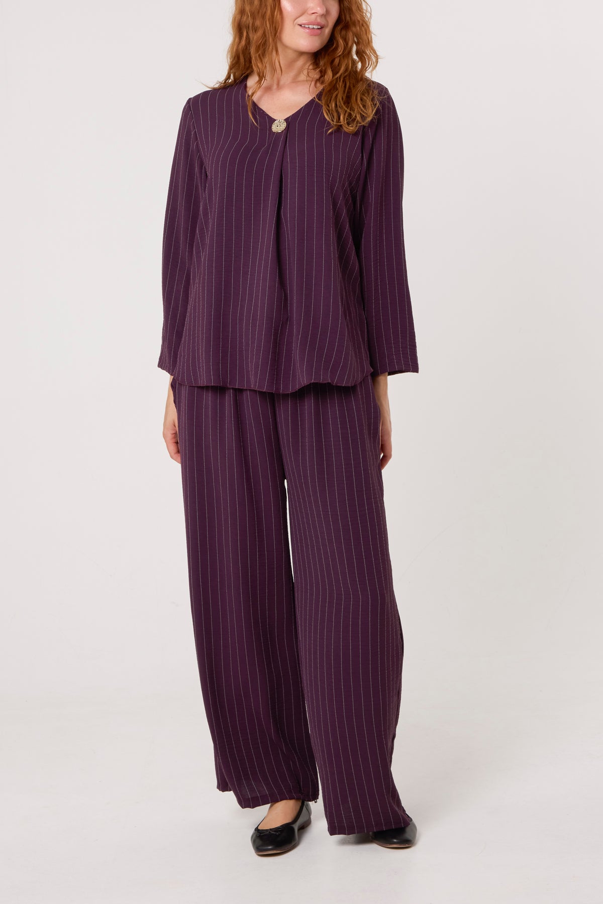 Striped Button Front Blouse & Trousers