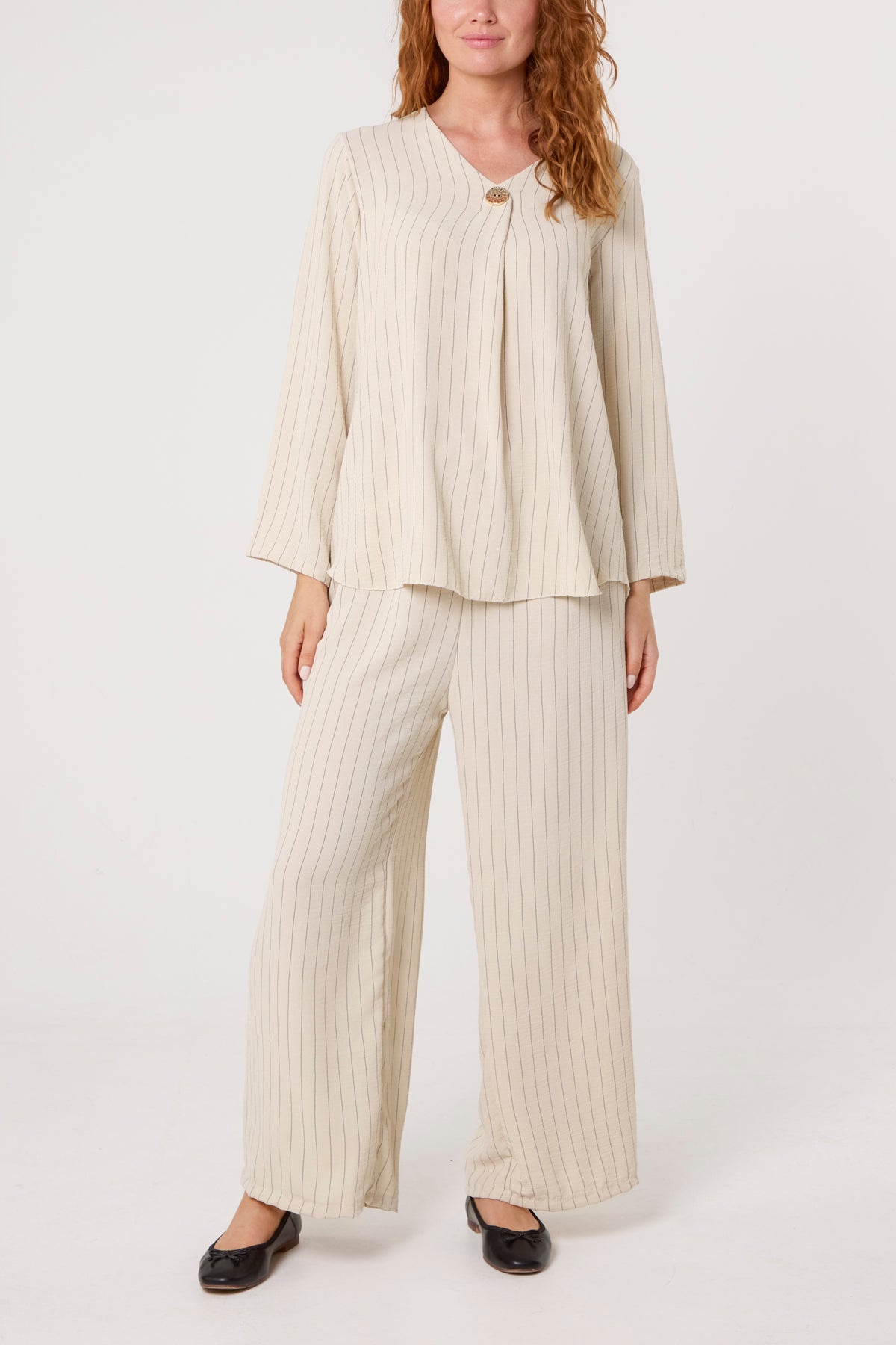 Striped Button Front Blouse & Trousers