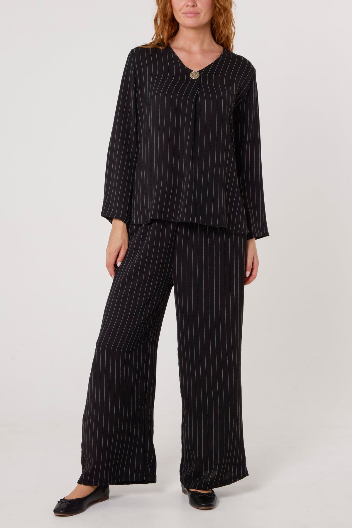 Striped Button Front Blouse & Trousers