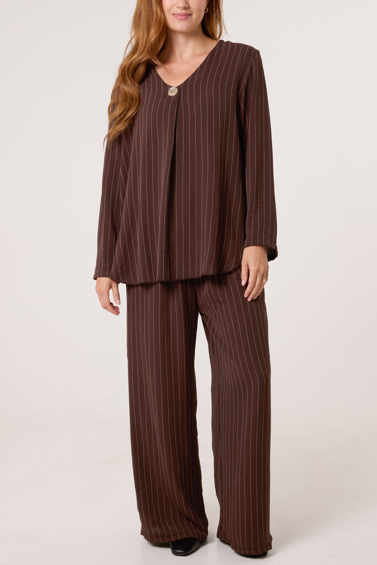 Striped Button Front Blouse & Trousers