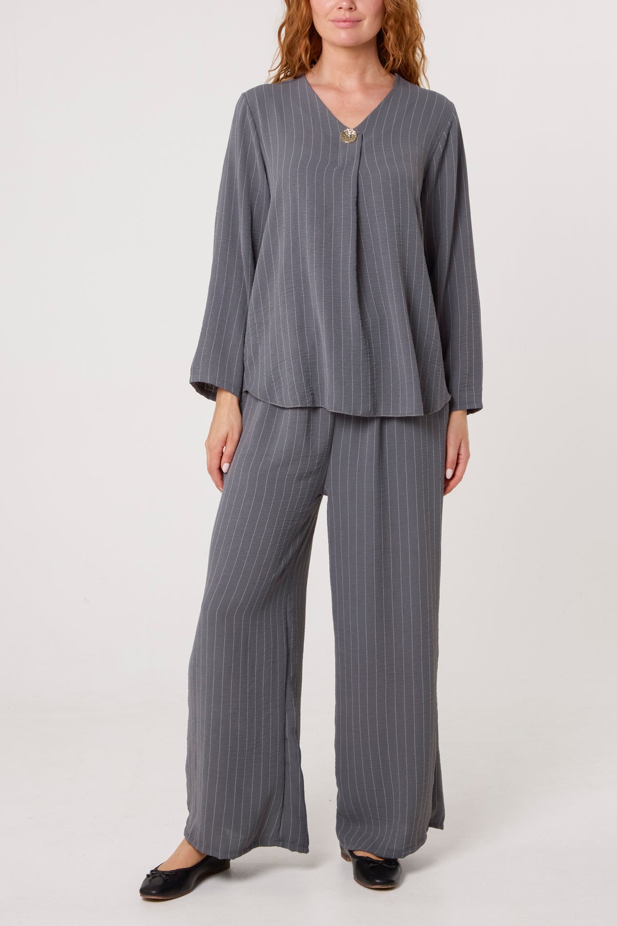 Striped Button Front Blouse & Trousers