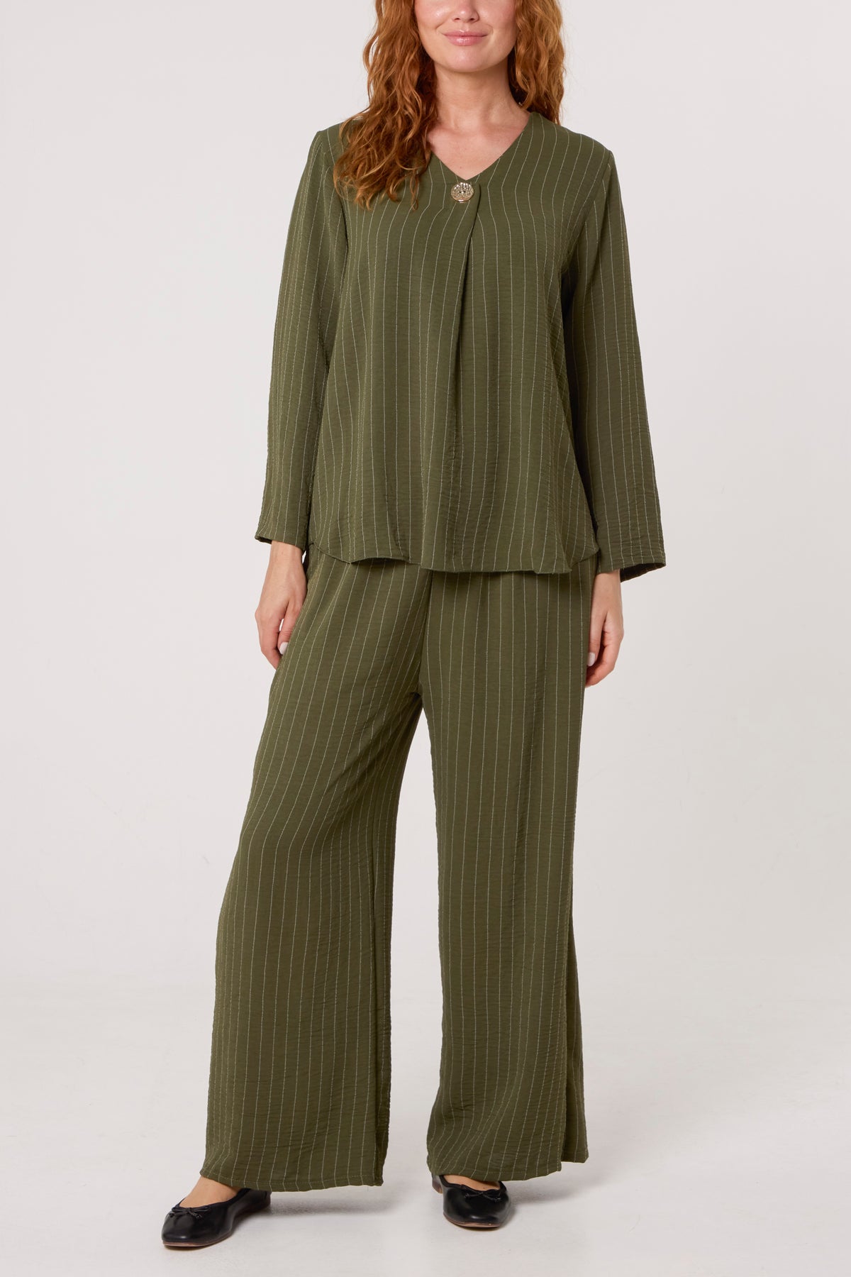 Striped Button Front Blouse & Trousers