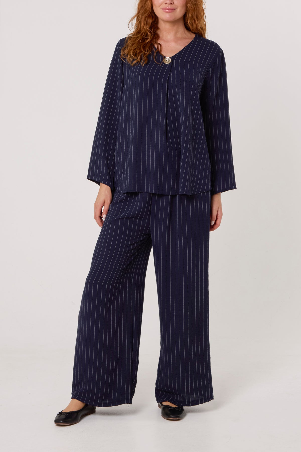 Striped Button Front Blouse & Trousers