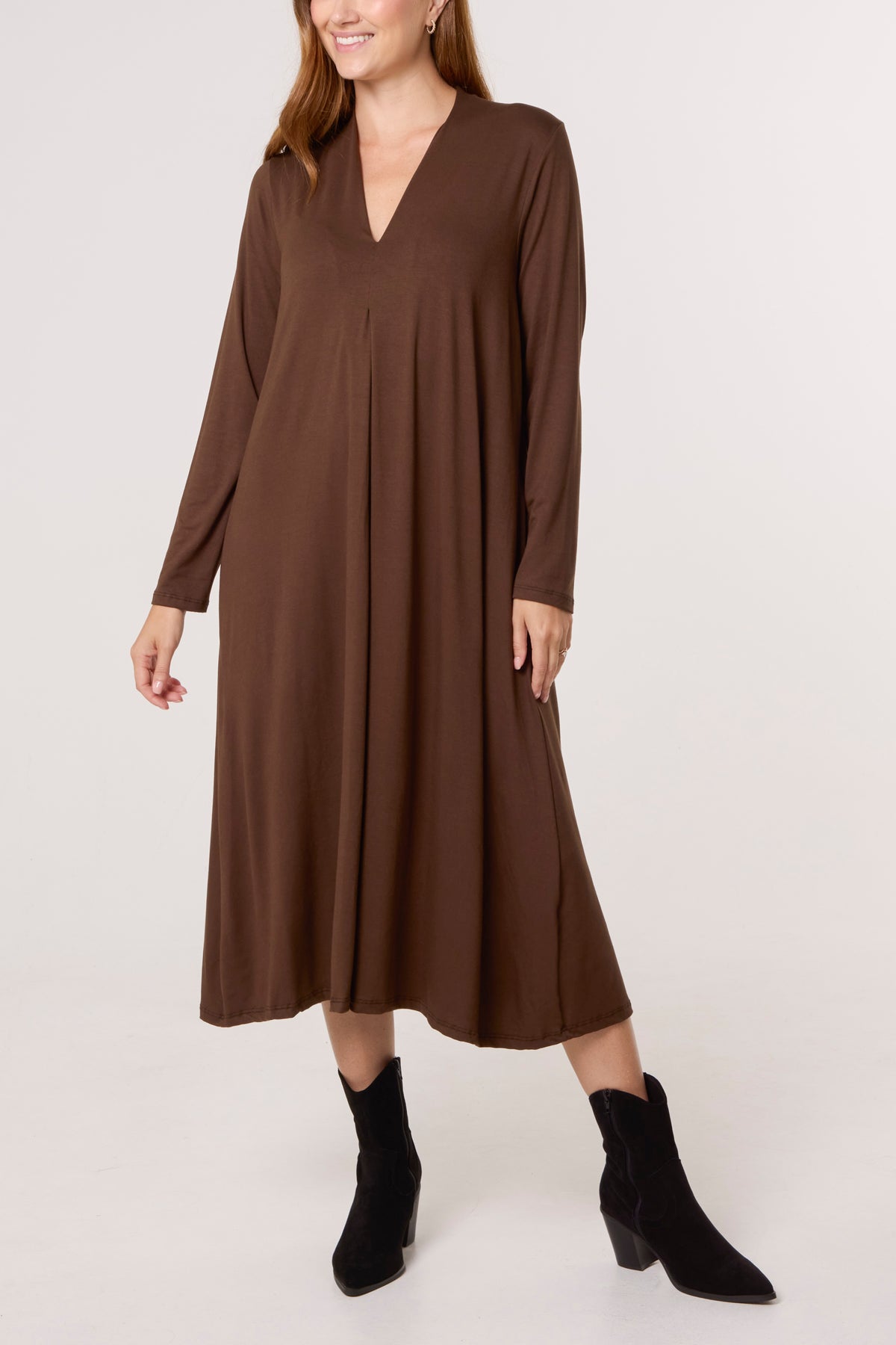 Jersey V-Neck Long Sleeve Midi Dress