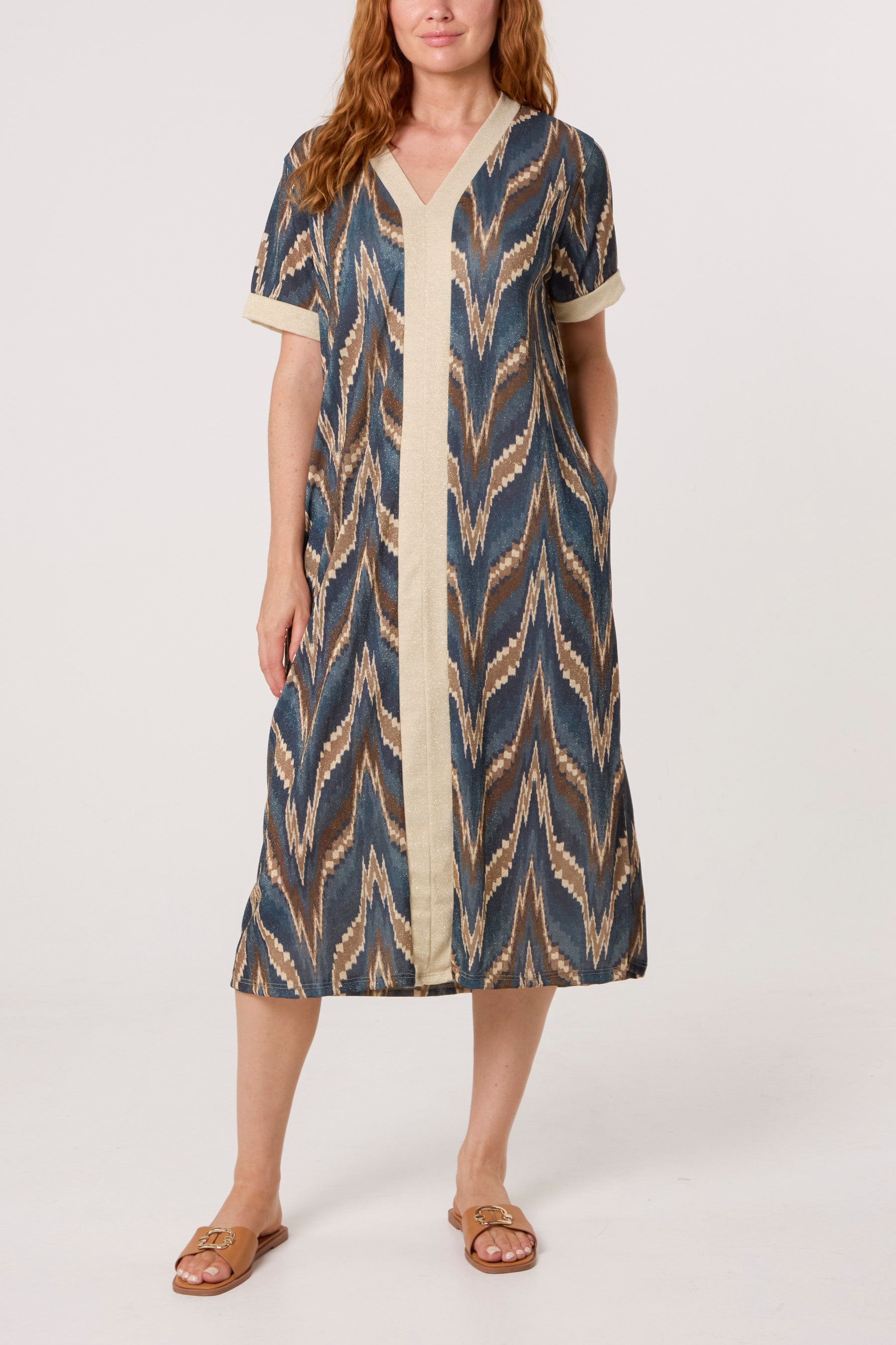 Shimmer Ikat Short Sleeve Midi Dress