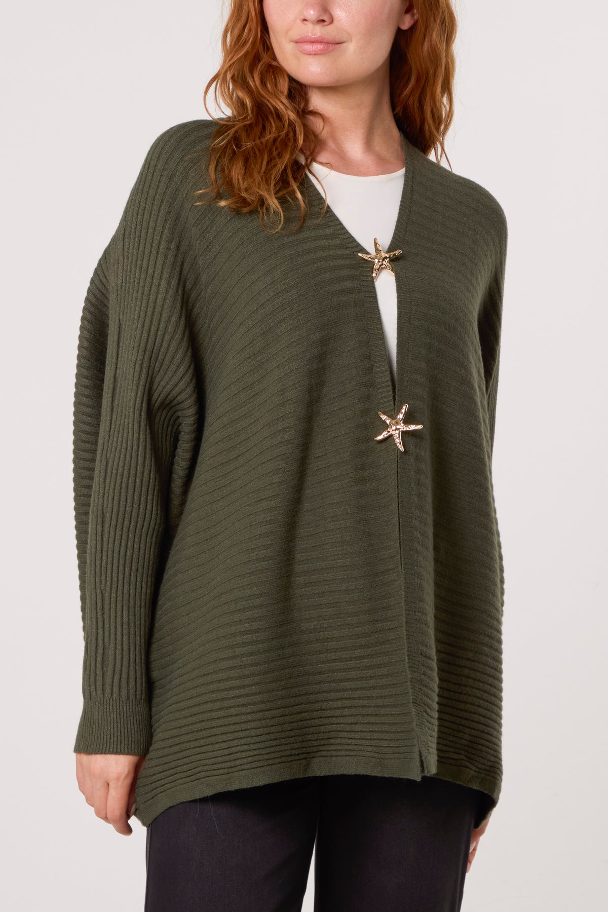 Ribbed Knit Star Buttons Cardigan