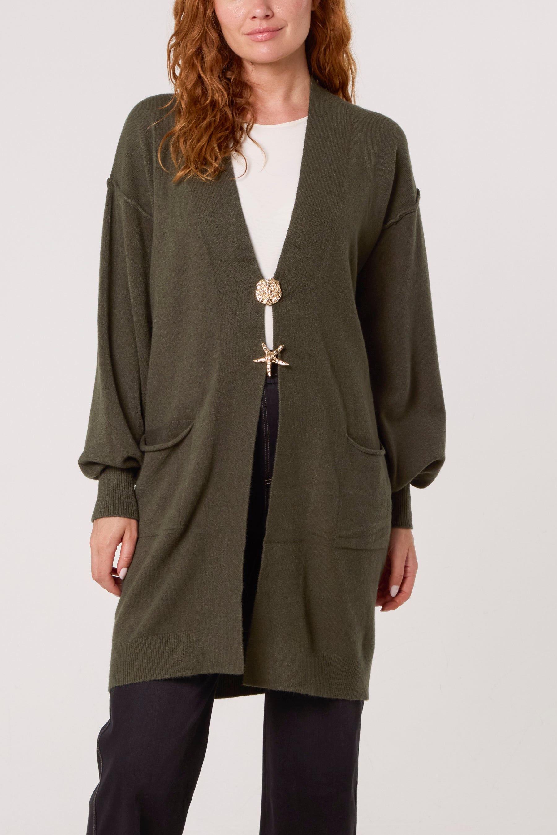 Longline Broch Detail Pockets Cardigan