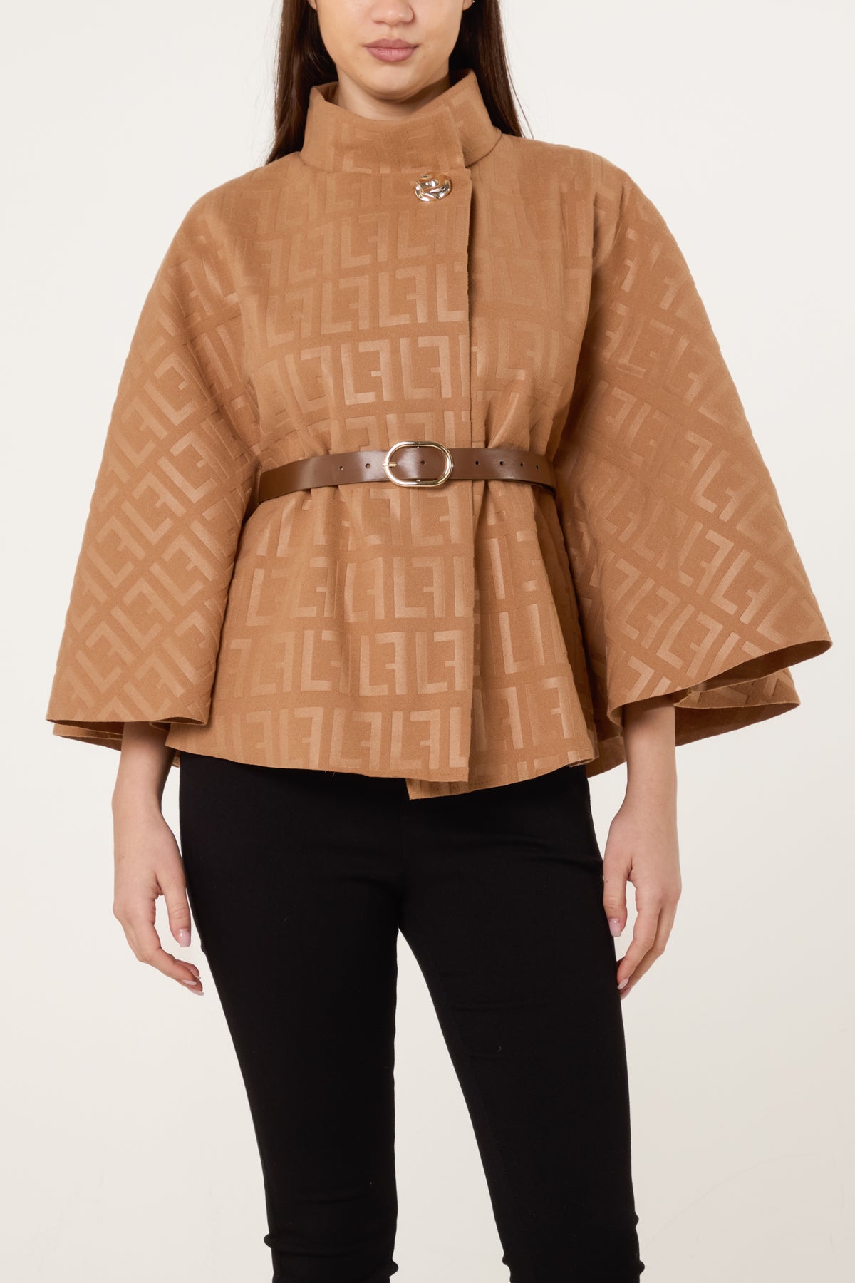Printed High Neck Belted Cape
