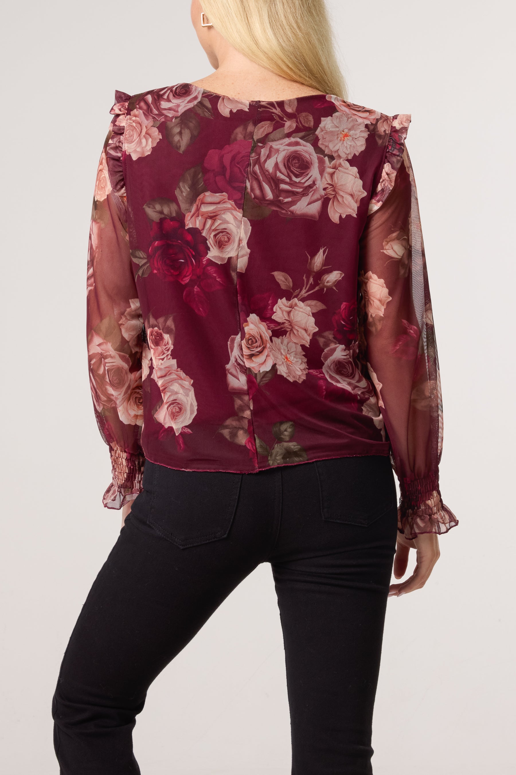 Roses Print Frill Sleeve Mesh Blouse