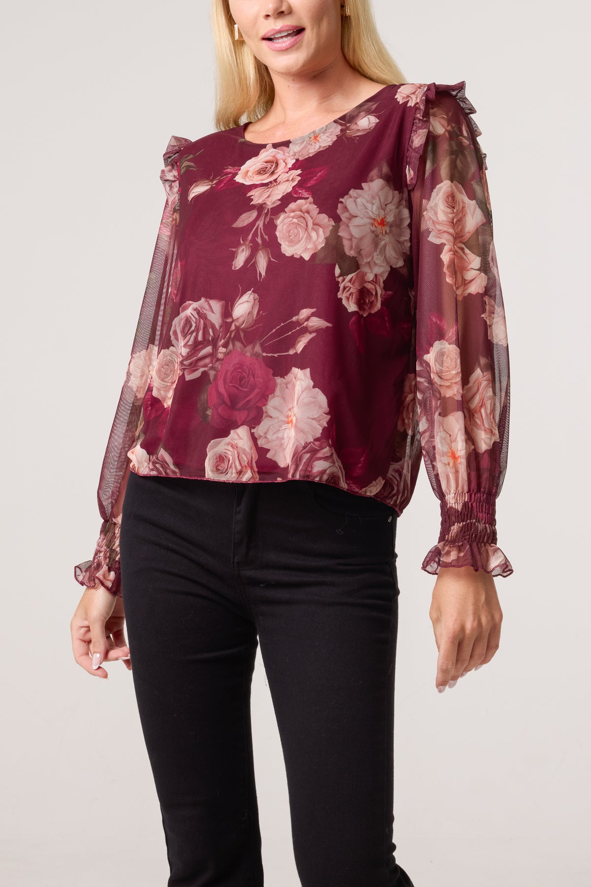 Roses Print Frill Sleeve Mesh Blouse