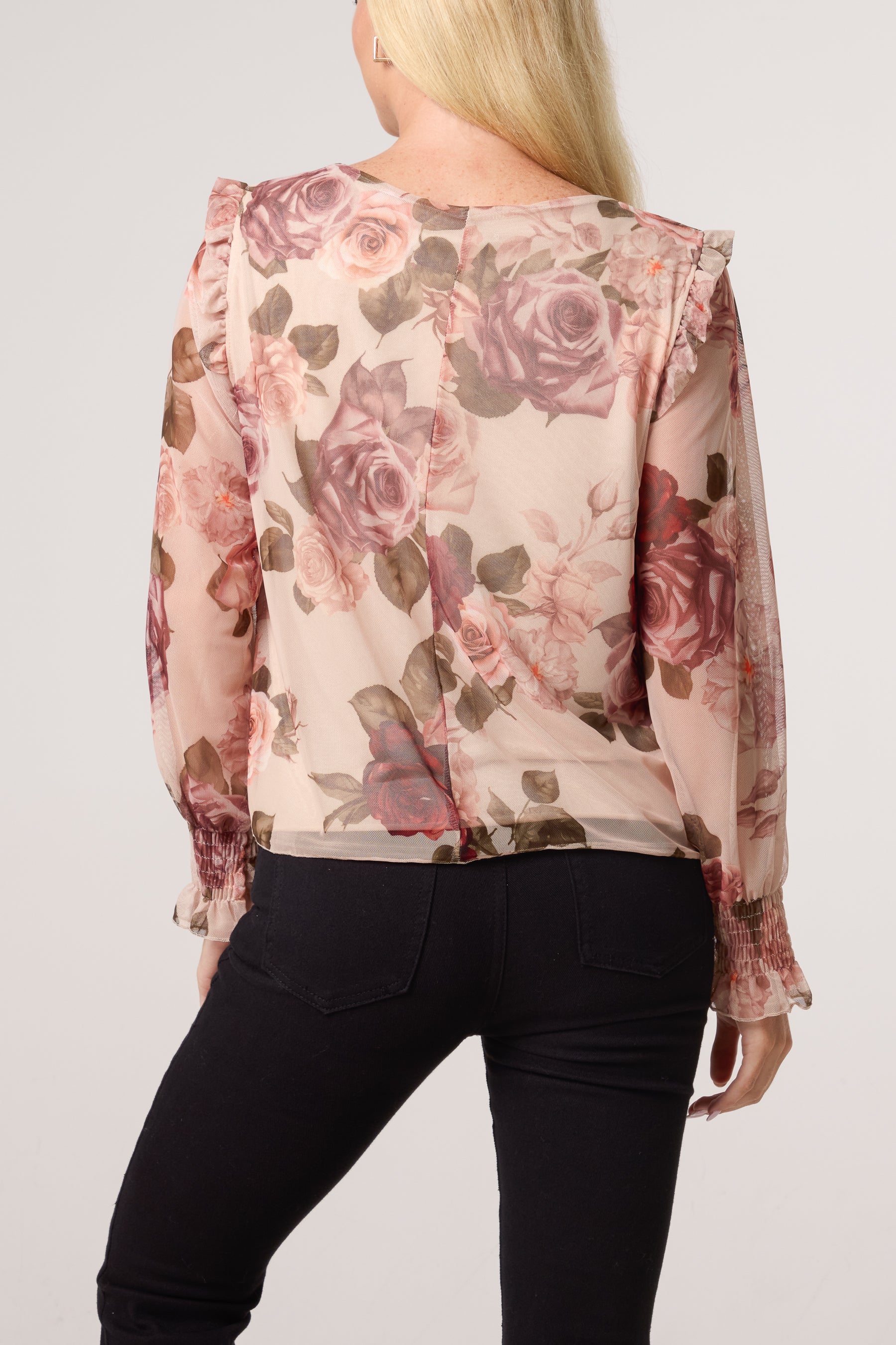 Roses Print Frill Sleeve Mesh Blouse
